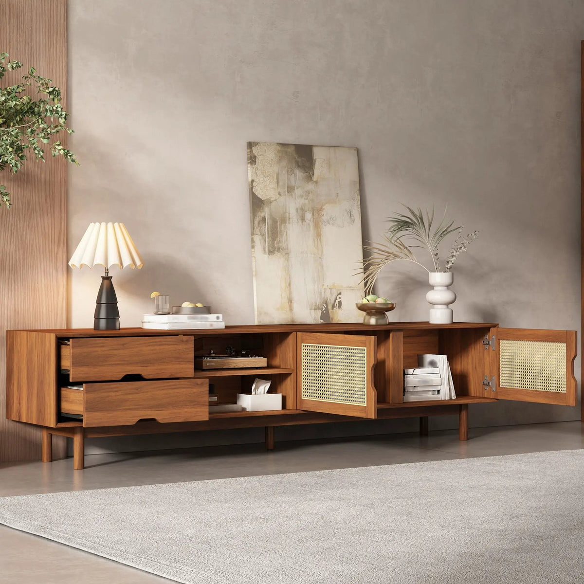 85 Inch TV Stand | Media Console With 2 Drawers | Woven Rattan Panels | Walnut