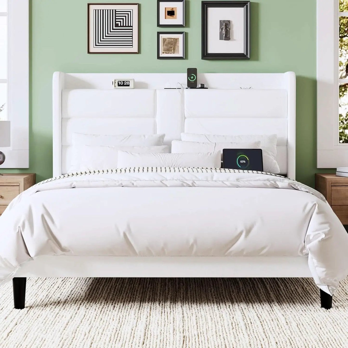 Full Size Platform Bed Frame With USB Charging Station And Storage Headboard from PriceLows™
