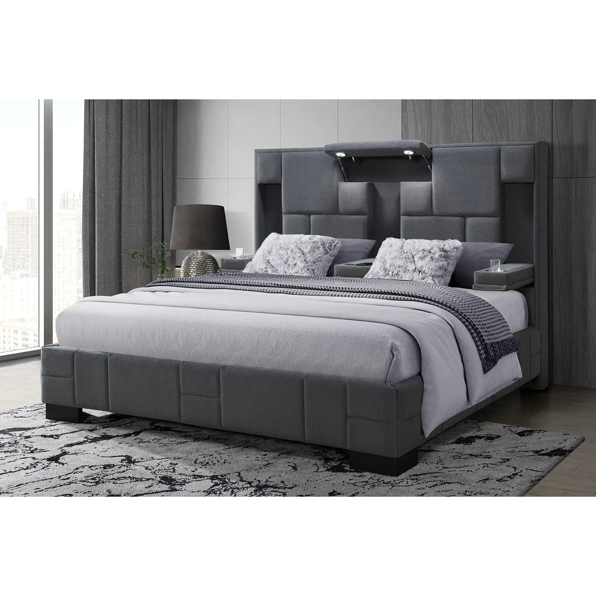 Yaris Contemporary Bed With Wireless Charging And LED Lights | 91.34 x 68.23 x 62.91 in | Wood | Bedroom