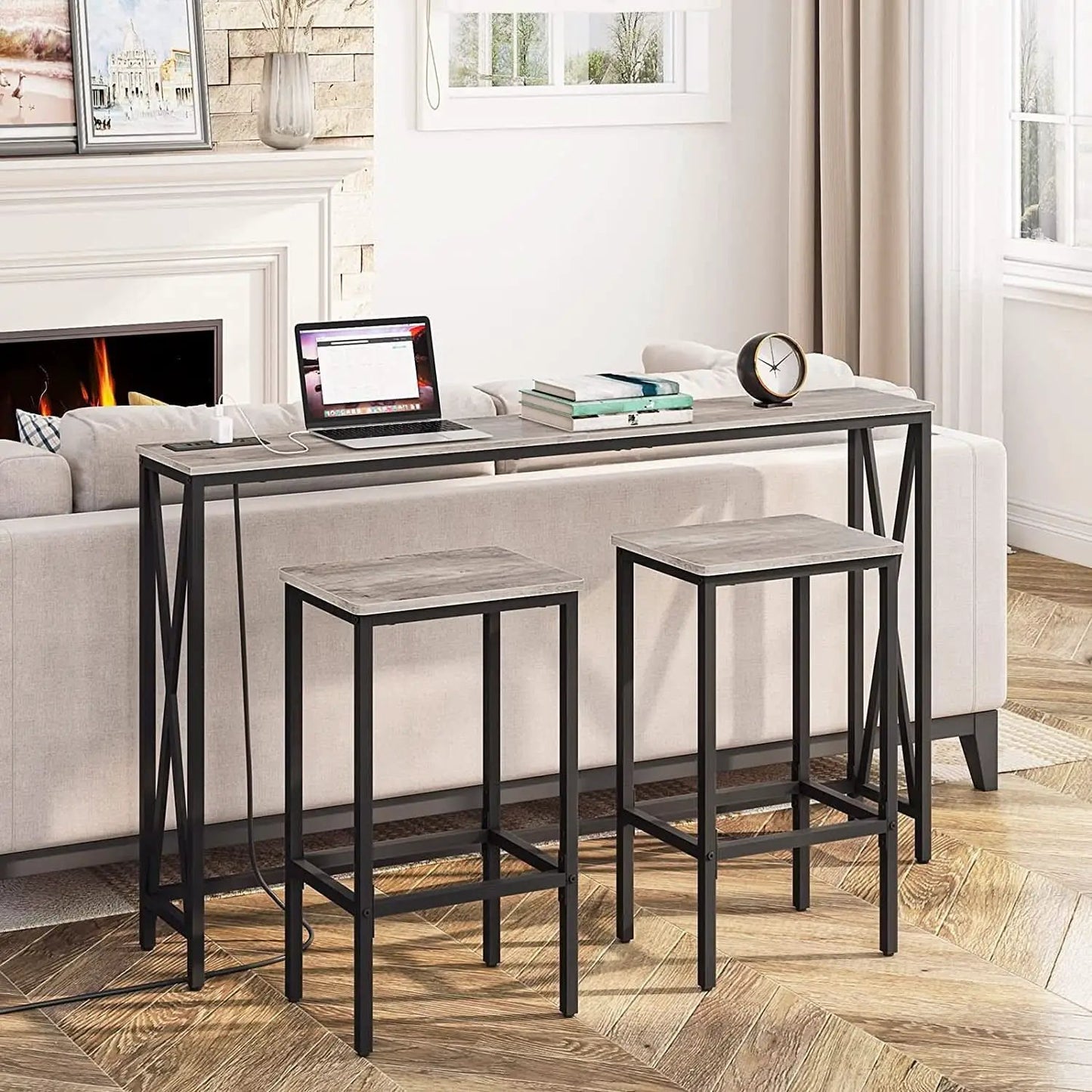 Greige Rectangular Industrial Bar Stool Set of 2, 15in Seat from PriceLows™