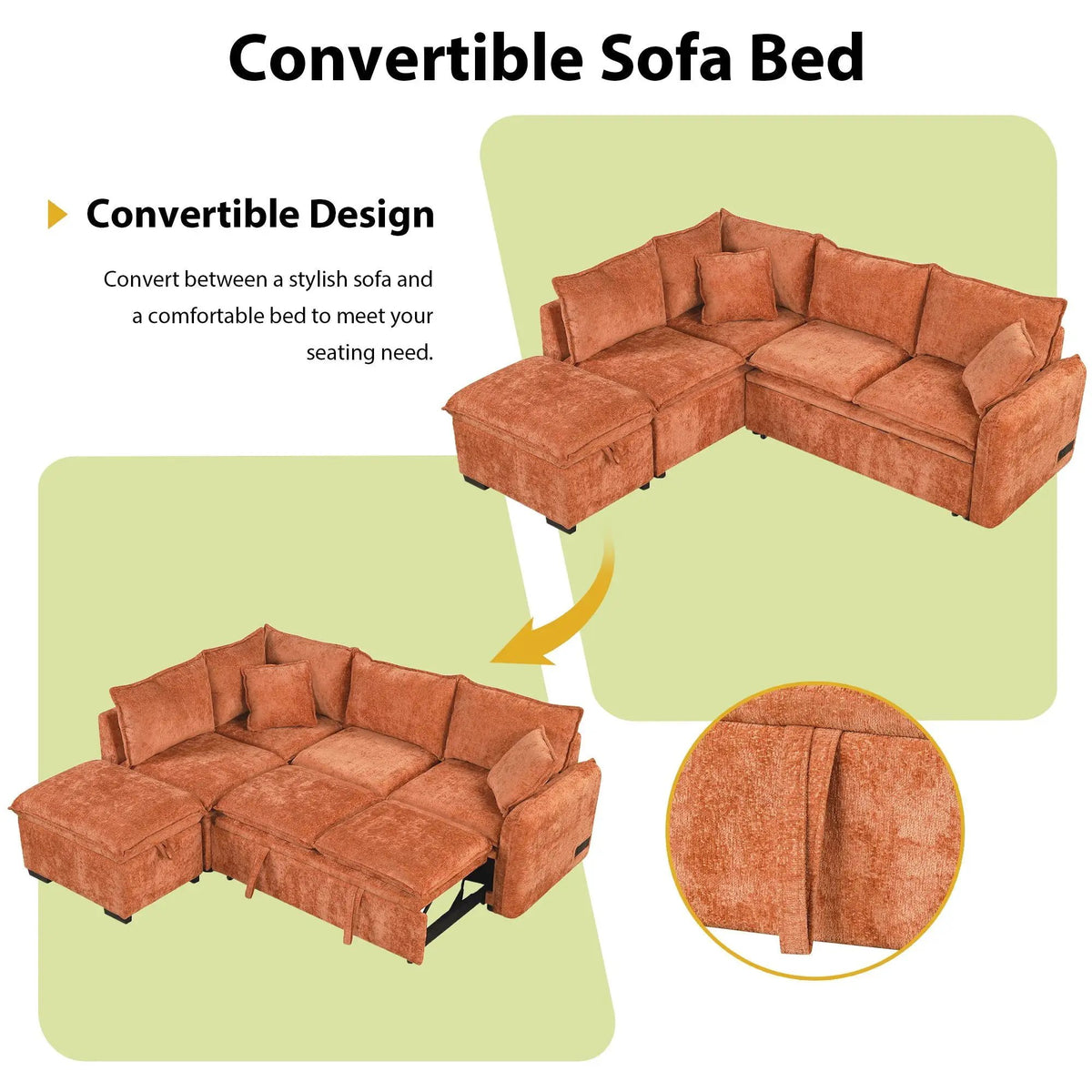 Convertible Sofa Bed | L Shaped Sectional | Storage Ottoman | Two USB Ports