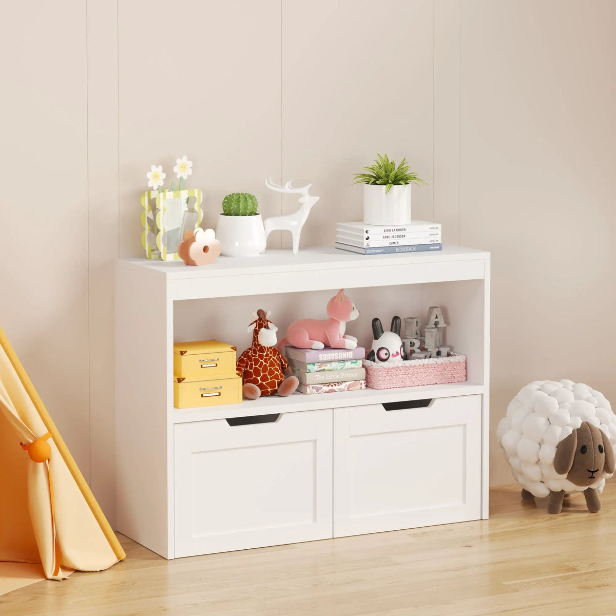 Kids Book Organizer | Two Large Drawers | Open Shelves | Removable Wheels