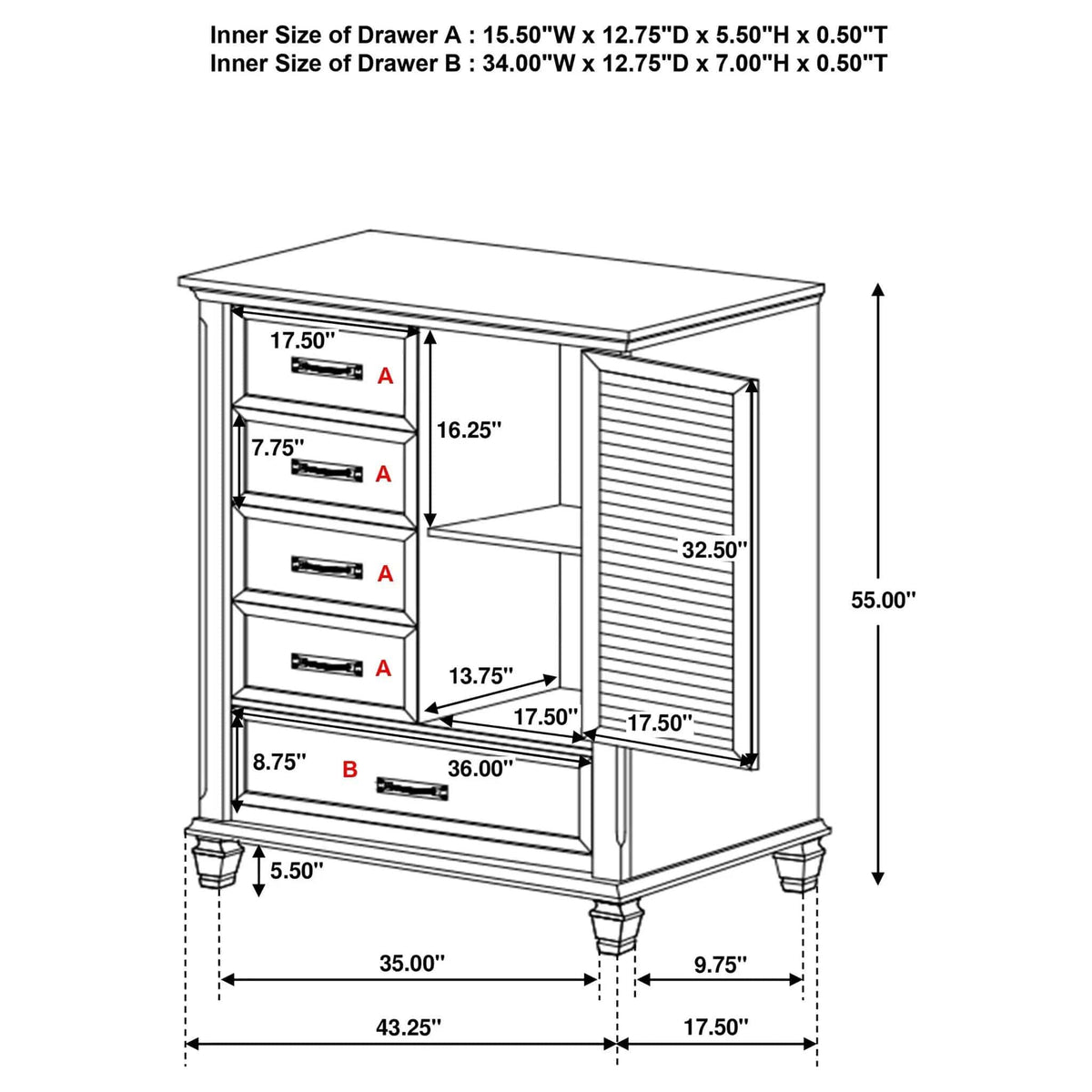 Franco 5-drawer Door Chest Distressed | 43.25 x 17.5 x 55 in | 5-Drawer | White