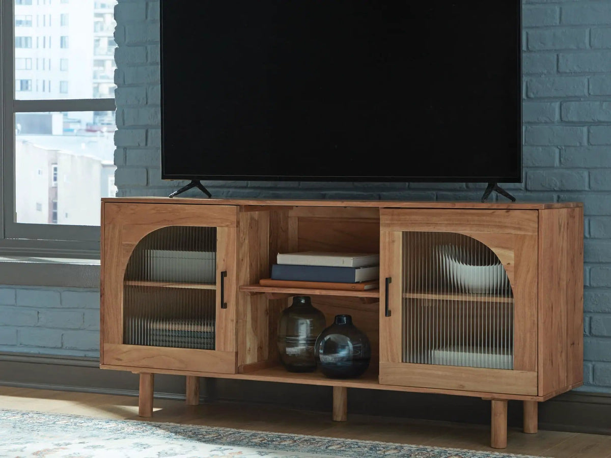 Adway Accent Cabinet | 64.13 x 16.13 x 29.88 in | Acacia Wood & Glass | Natural Brown