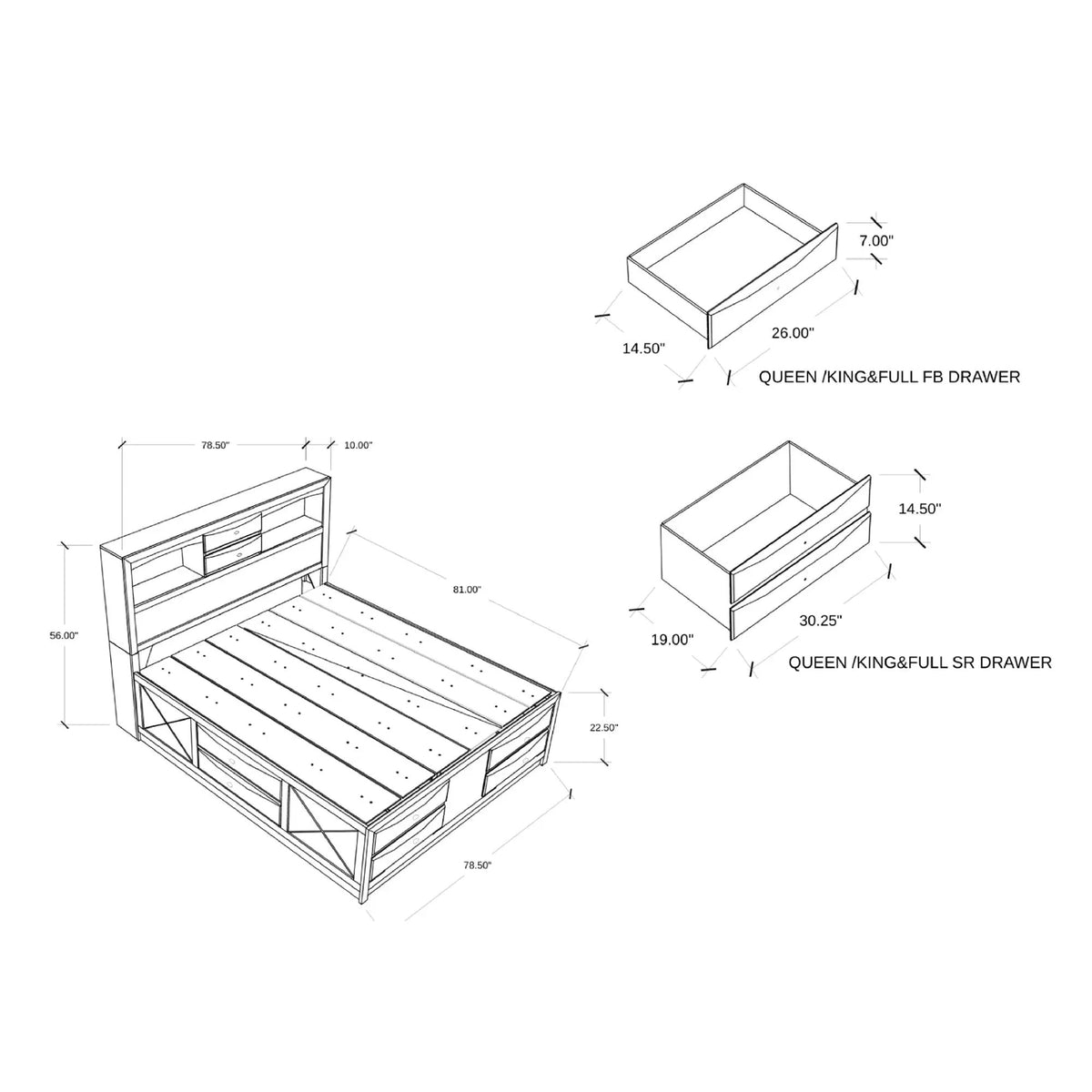 Lucille Storage Bed | Bookcase Headboard | Six Drawers | Fully Slatted Design