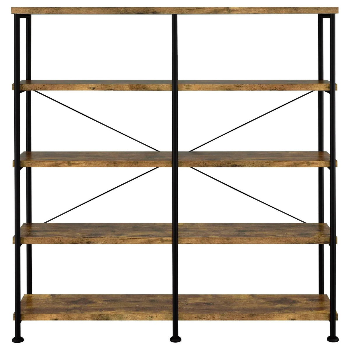 Analiese 63-inch 4-shelf Double Bookshelf Rustic Nutmeg Standard Bookcase | 60 x 14.25 x 63 in | Engineered Wood & Metal | Home Office