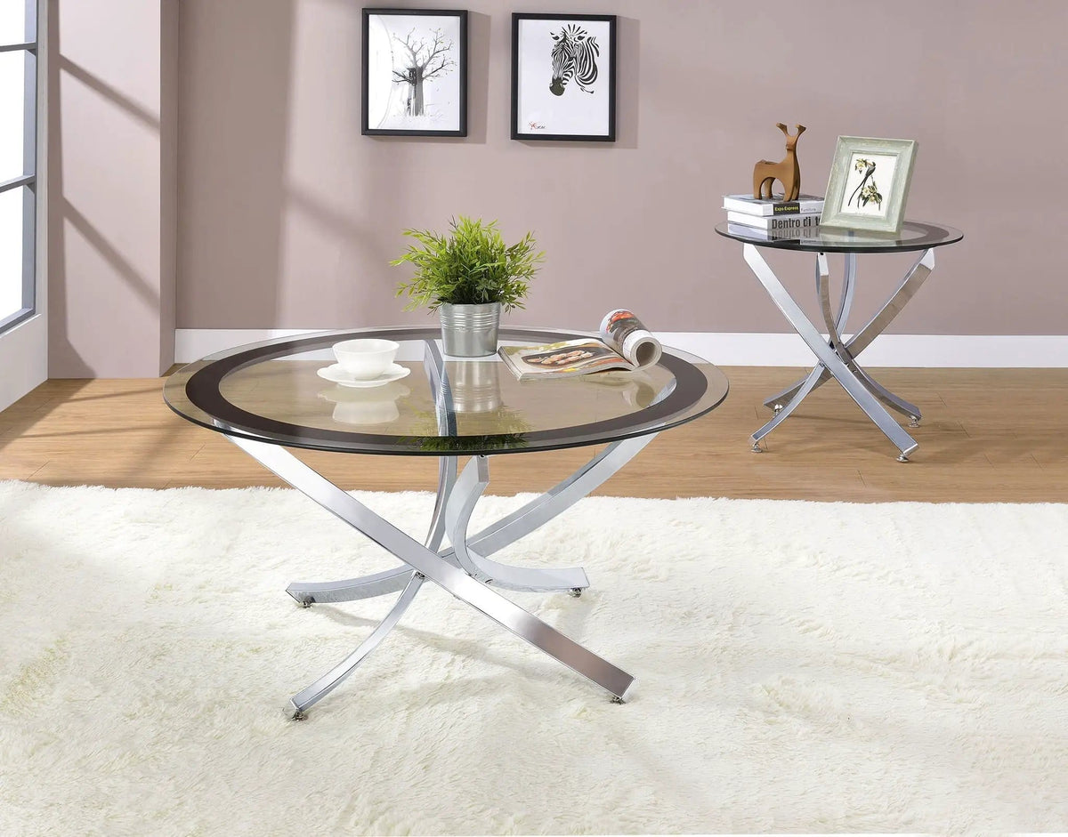 Brooke Round Glass Top Coffee Table Metal Base Chrome | 35.5 x 35.5 x 20 in | Tempered Glass & Metal | Living Room