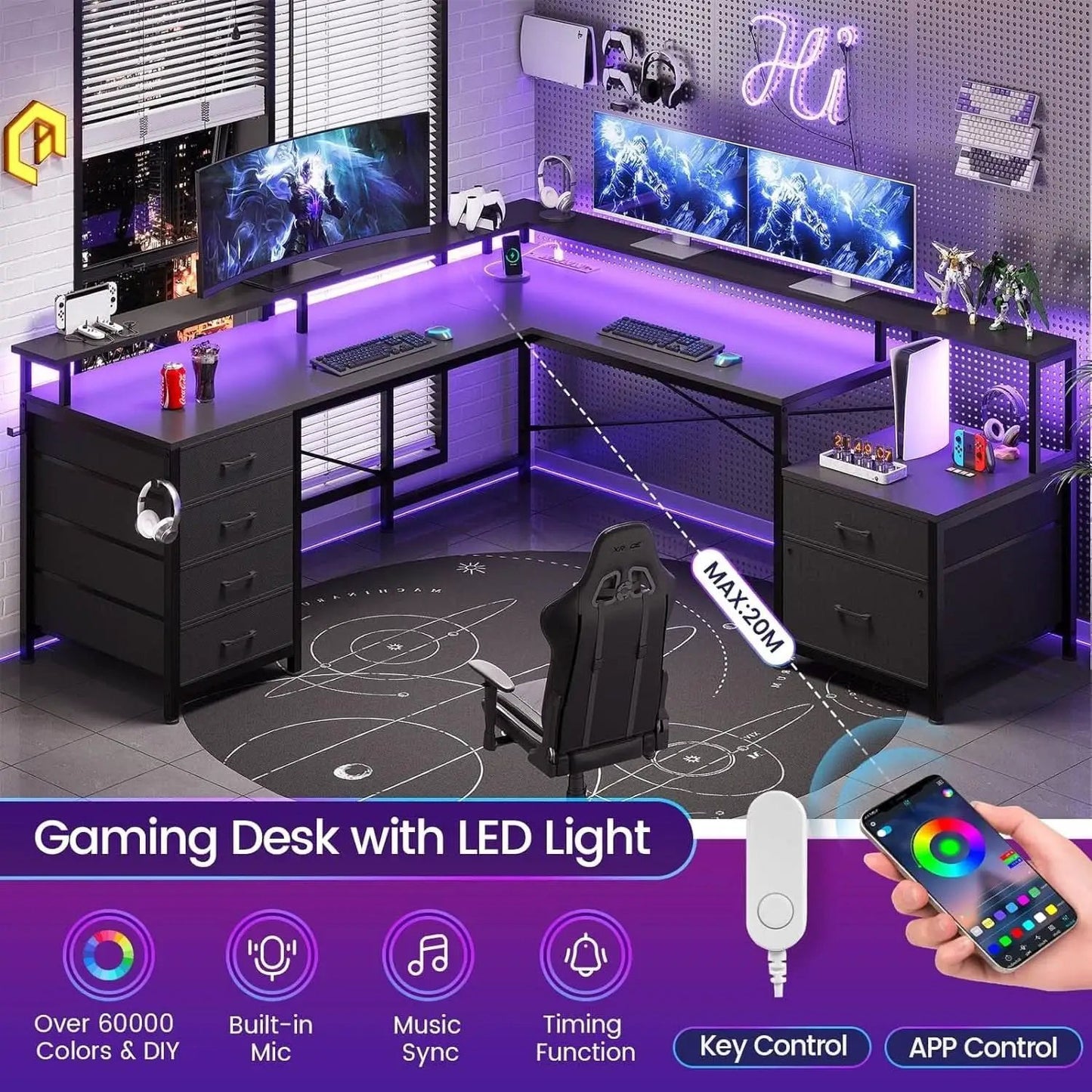 Black L Shaped Desk With 6 Drawers And File Cabinet from PriceLows™