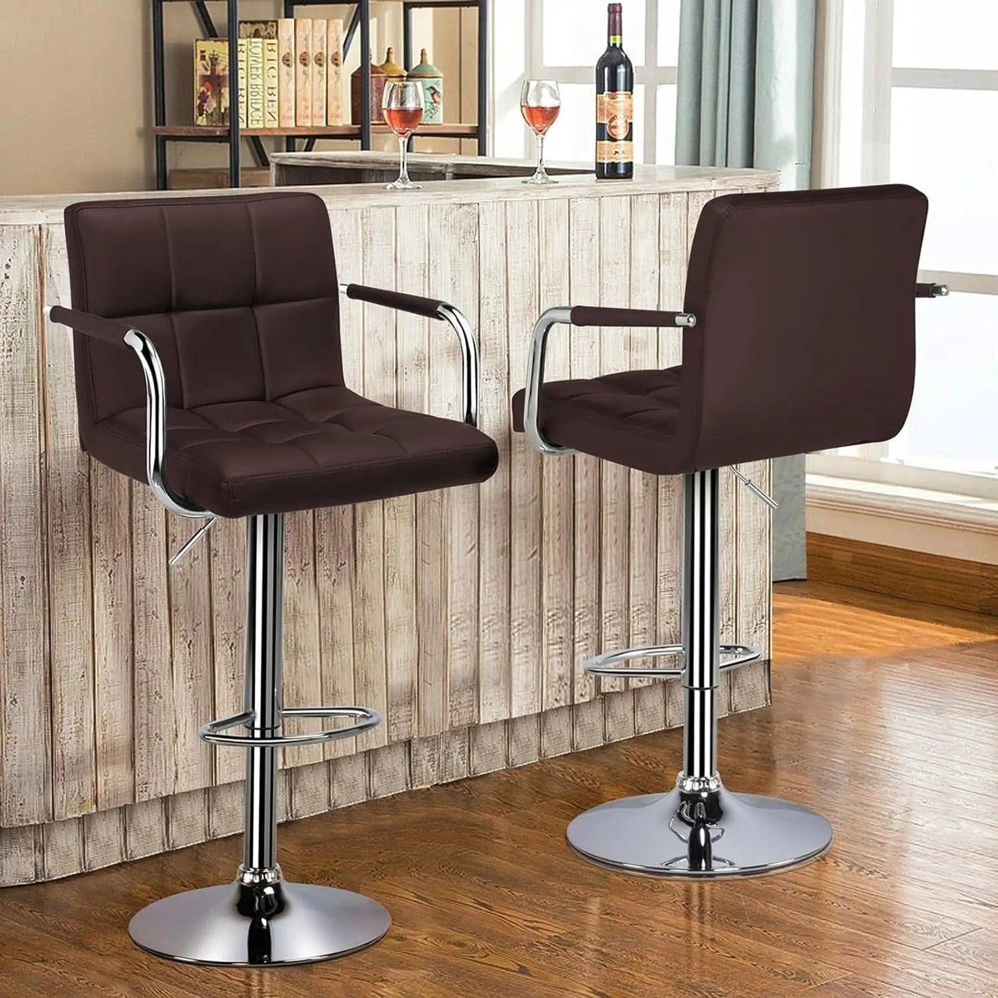 Adjustable Bar Stools Set Of 2 360 Swivel Brown PU Leather from PriceLows™