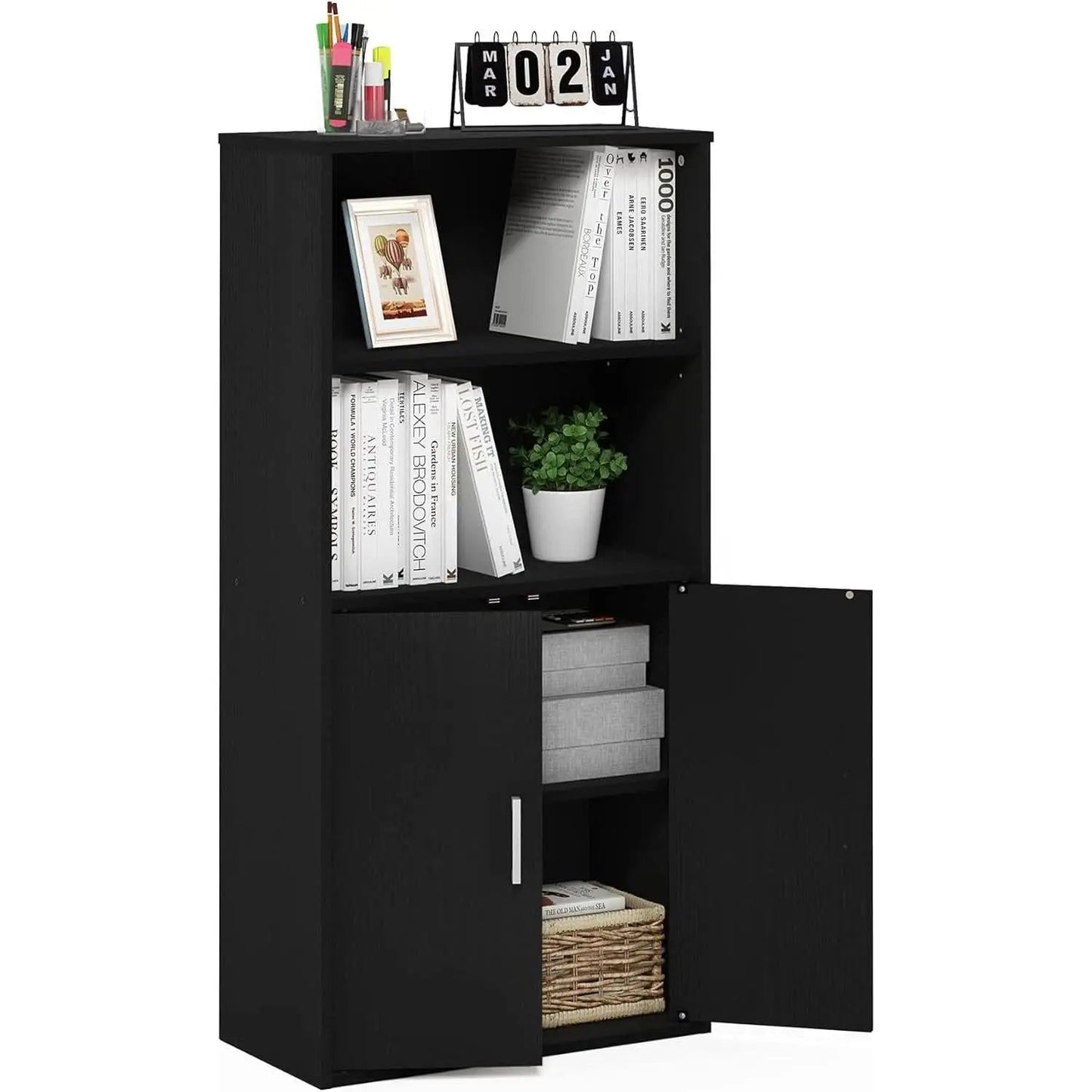 Pasir 4 Tier Storage Bookcase Black Oak Adjustable Shelves from PriceLows™