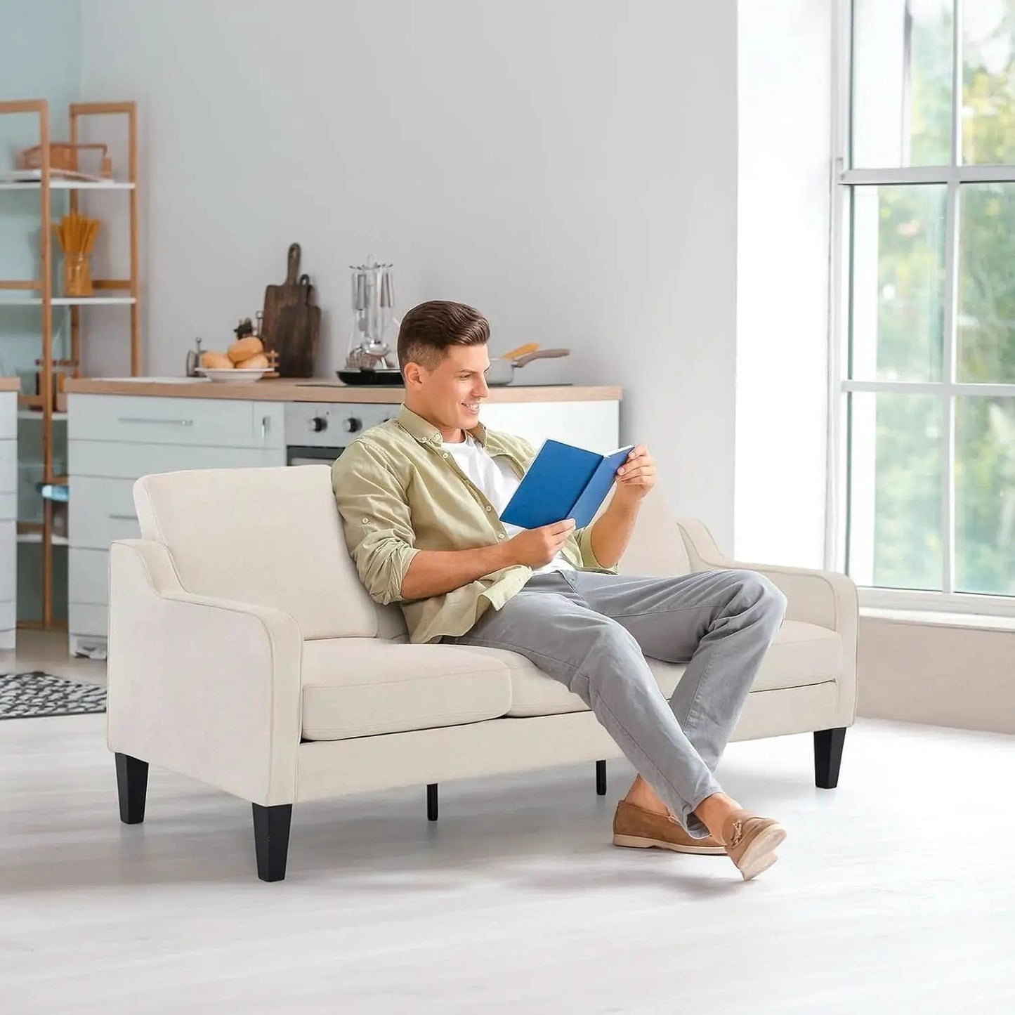 Comfy Mid Century Modern Beige Sofa for Small Spaces from PriceLows™