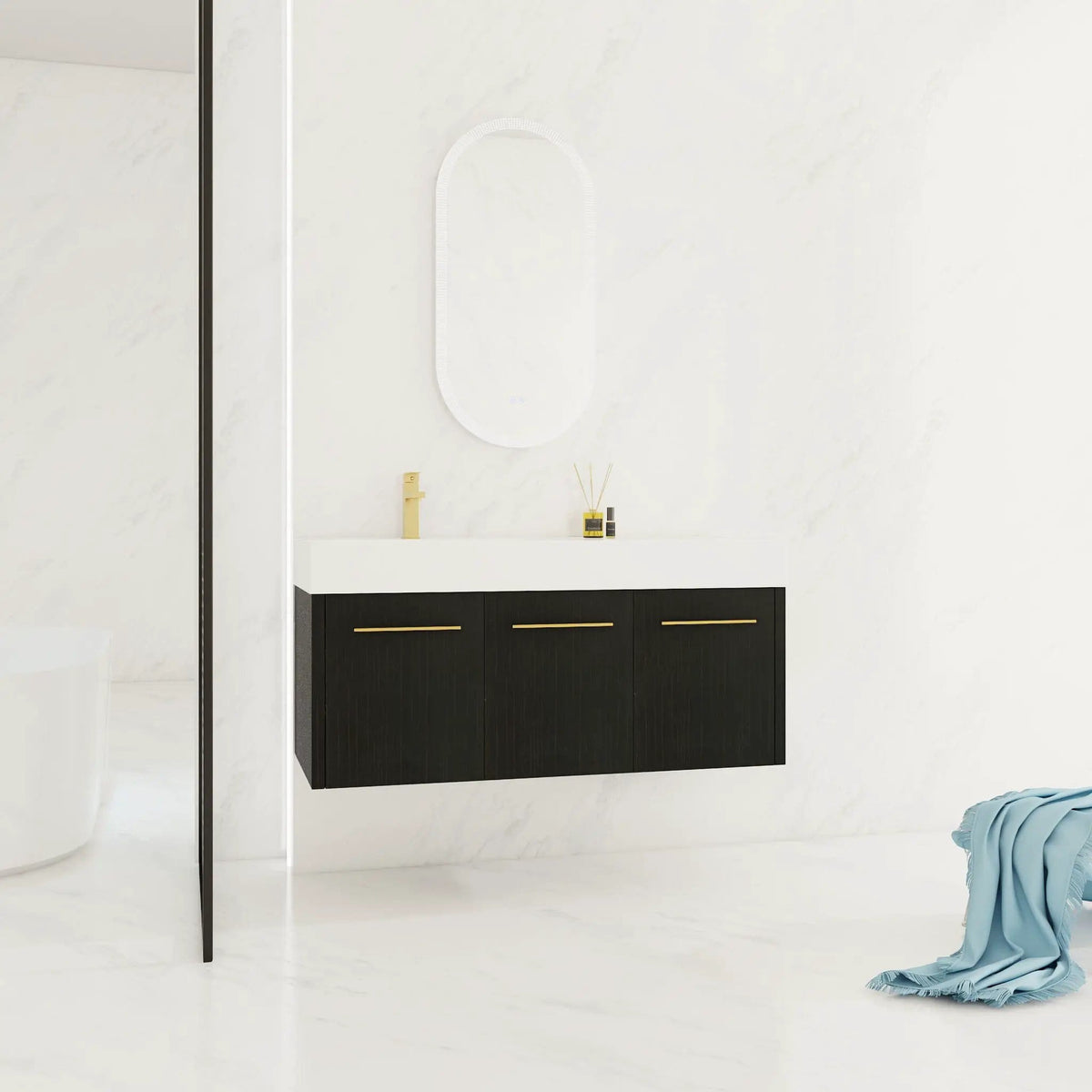 Contemporary 48" Wall Mounted Bathroom Vanity With Resin Sink And Soft Closing Doors | 47.3 x 18.1 x 22.4 in | Stainless Steel & Plywood | Bathroom