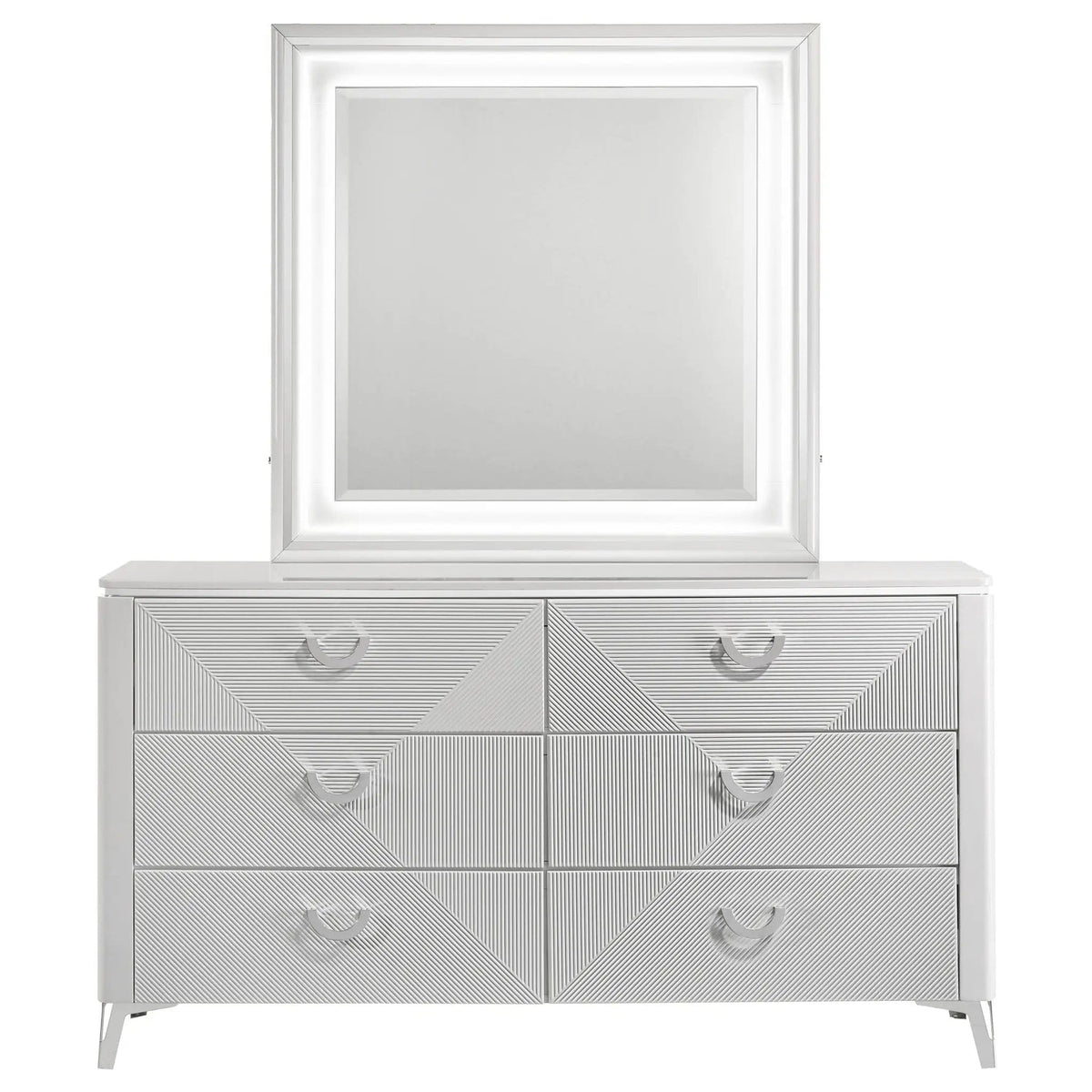 Cassia 6-drawer Dresser Cabinet with Mirror White High Gloss | 63 x 17.75 x 76.5 in | Metal | Bedroom