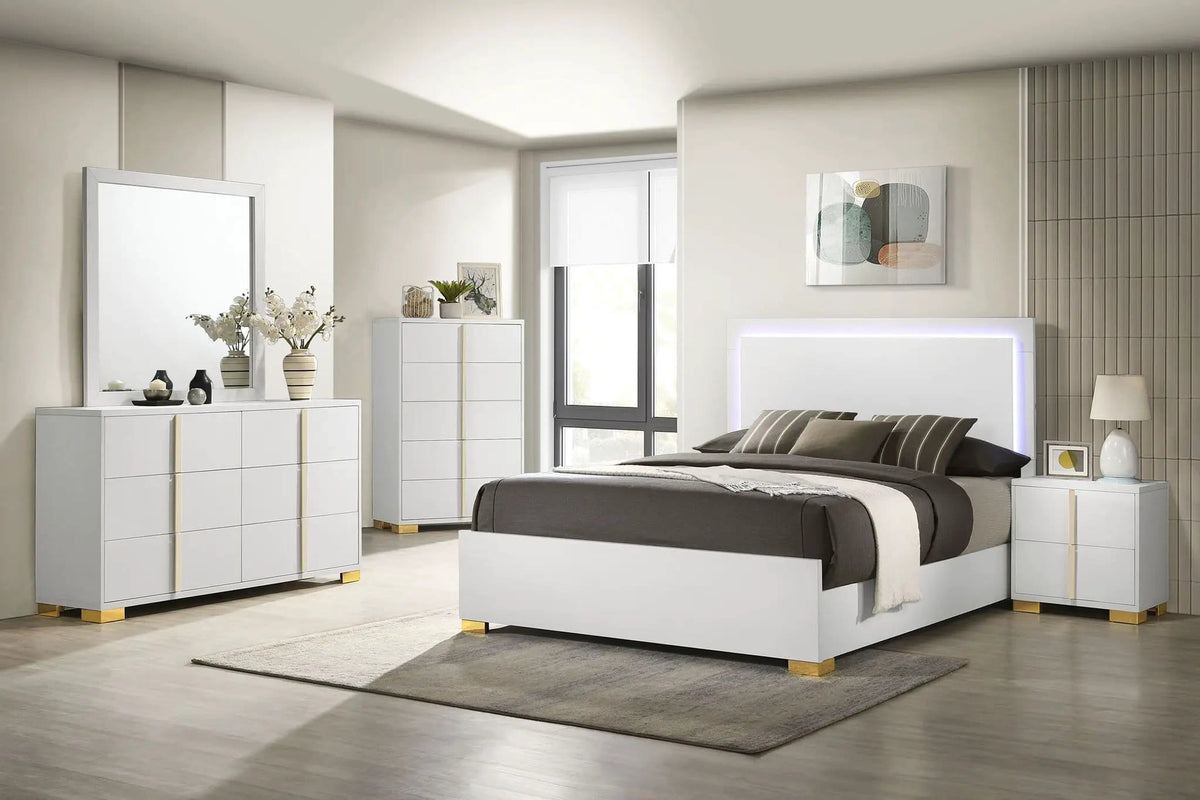 Marceline Wood Queen LED Panel Bed | 62.5 x 84.5 x 50.5 in | Engineered Wood & Metal | White