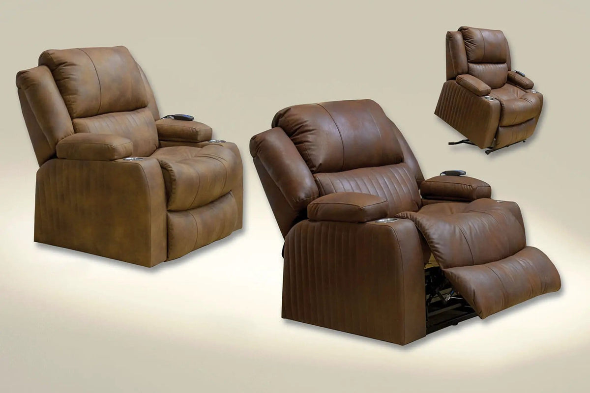 Kirk Power Lift Lay Flat Recliner With Storage Arm & Dual Cupholders Reclining Chair | 2 Pieces | Walnut & Faux Leather | Living Room