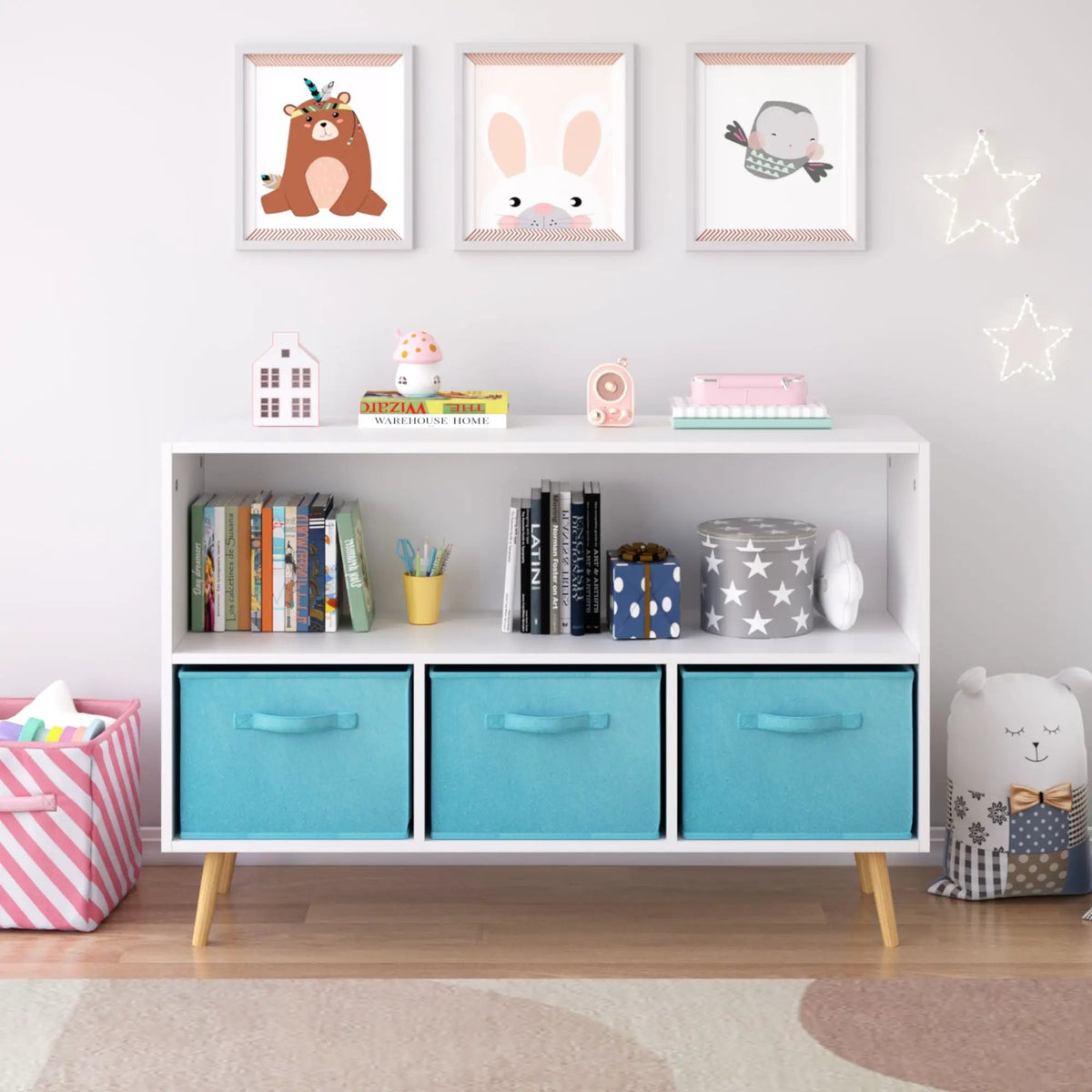 Bookcase | 3 Fabric Drawers | Tip Resistant Frame | White And Blue