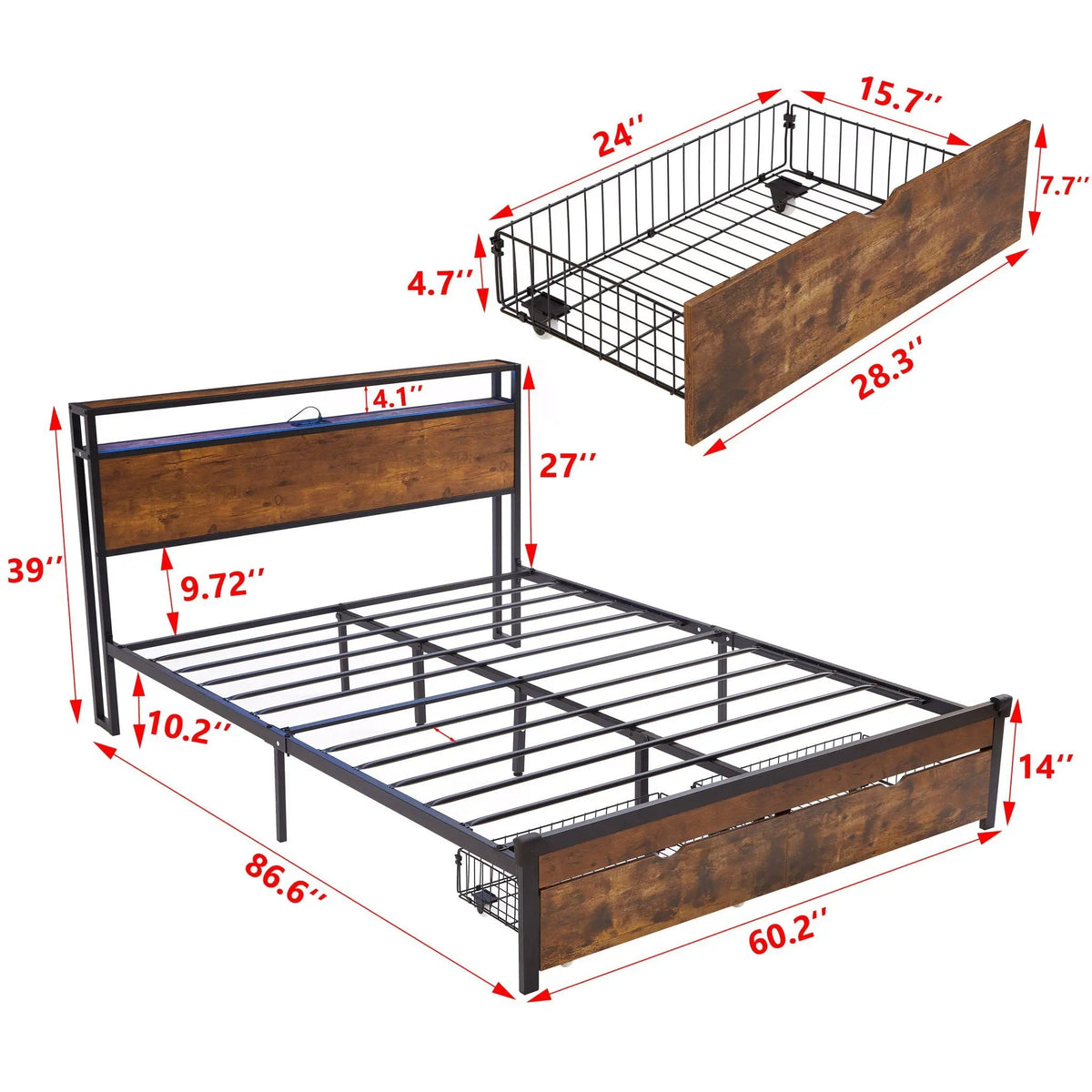 Modern Metal Bed Frame | USB Charging | Dual Storage Drawers | LED Headboard