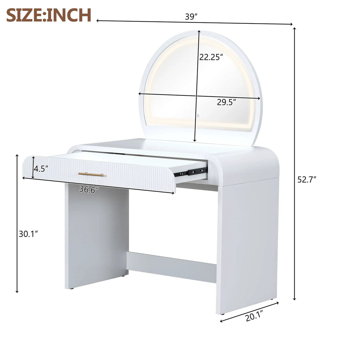 Makeup Vanity Table | Touch Screen Lighted Mirror | Storage Drawer | Curved Edges
