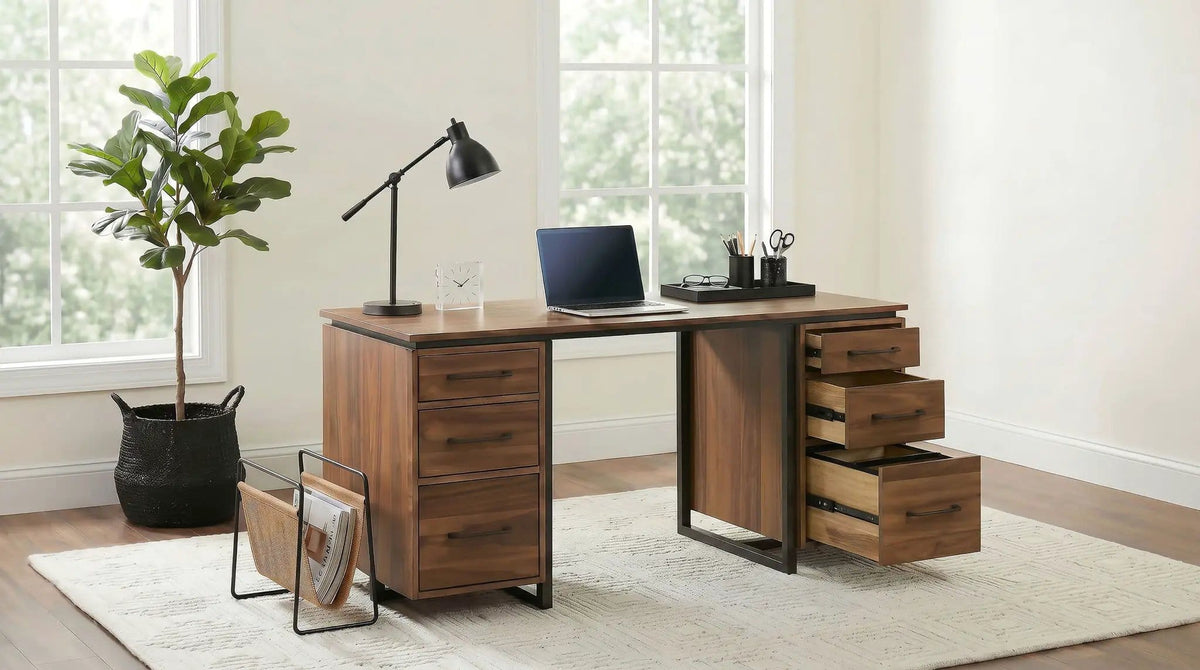 Berhalter 6-Drawer Double Pedestal File Computer Desk | 63 x 25.75 x 30 in | Rubberwood & Engineered Wood | Home Office