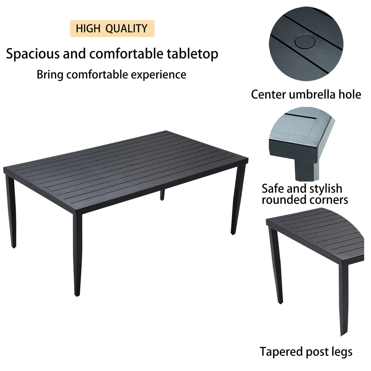 Outdoor Dining Table | Aluminum Frame | Tapered Legs | Umbrella Hole