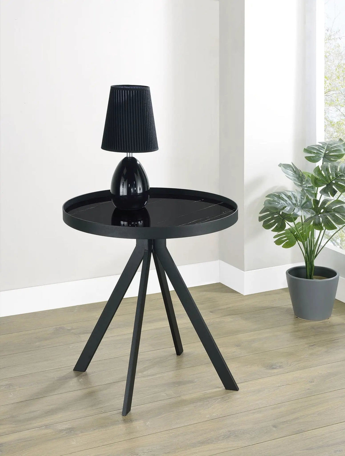 Briggs Round Marble Printed Glass Top End Table | 21.5 x 21.5 x 24 in | Marble & Tempered Glass | Black