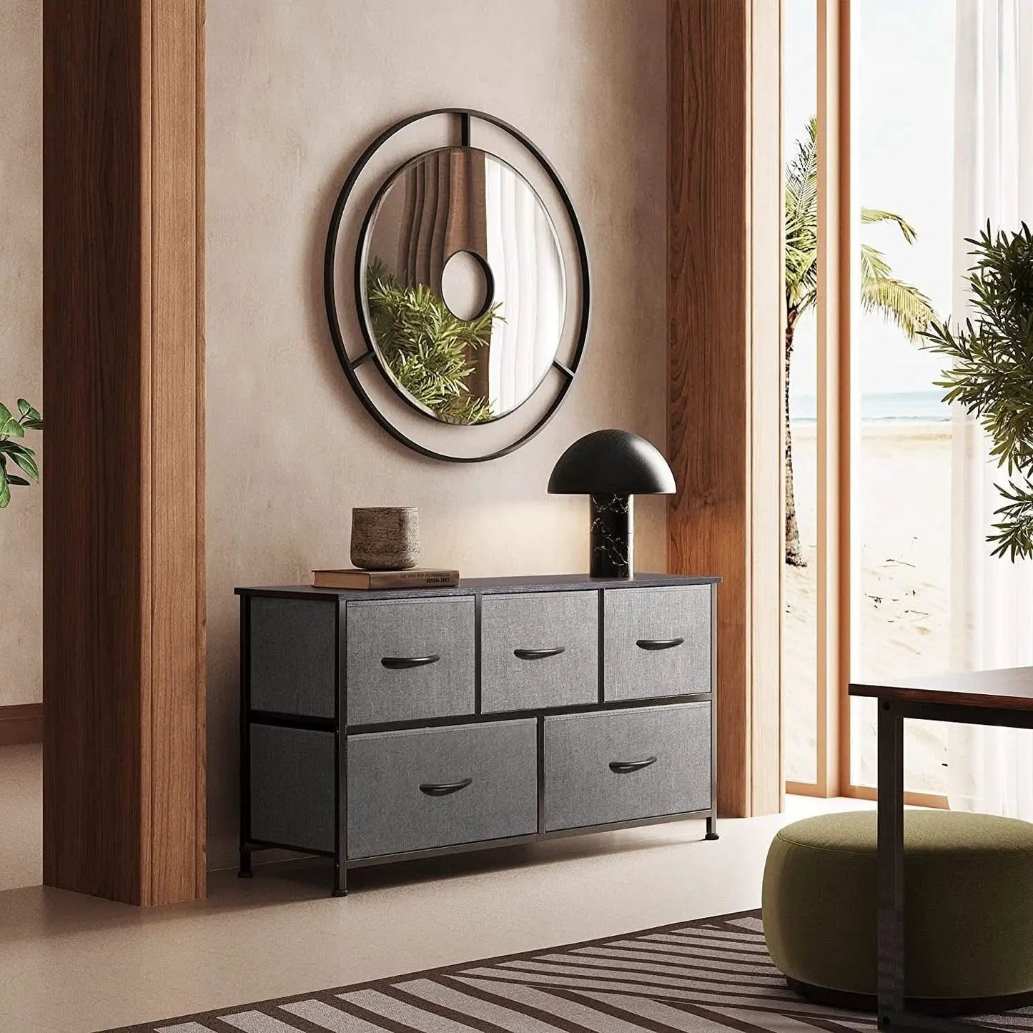5 Drawer Dark Grey Fabric Chest With Wood Top Bedroom from PriceLows™