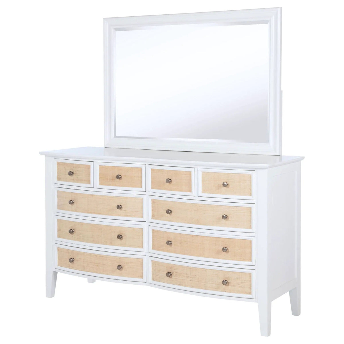 Bexhill 10-drawer Dresser and Mirror | 65 x 21.75 x 75.25 in | Rattan | White