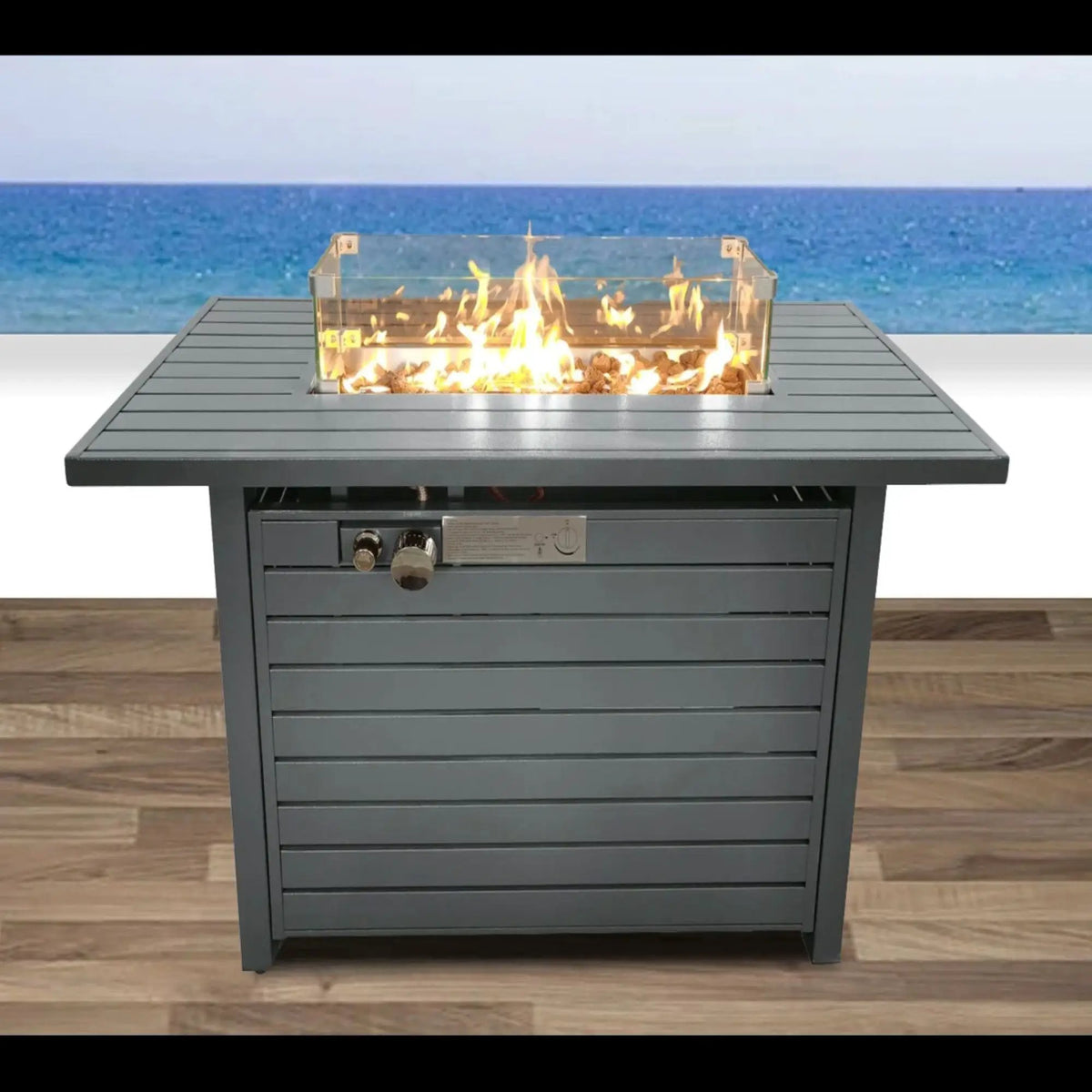 Propane Fire Pit Table | Rectangular | Powder-Coated Steel | Lid Included