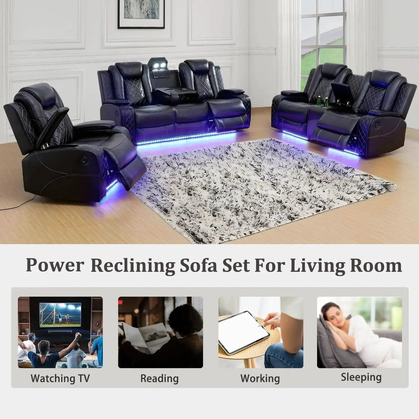 Power Reclining Leather Sofa Set With USB Ports Black from PriceLows™