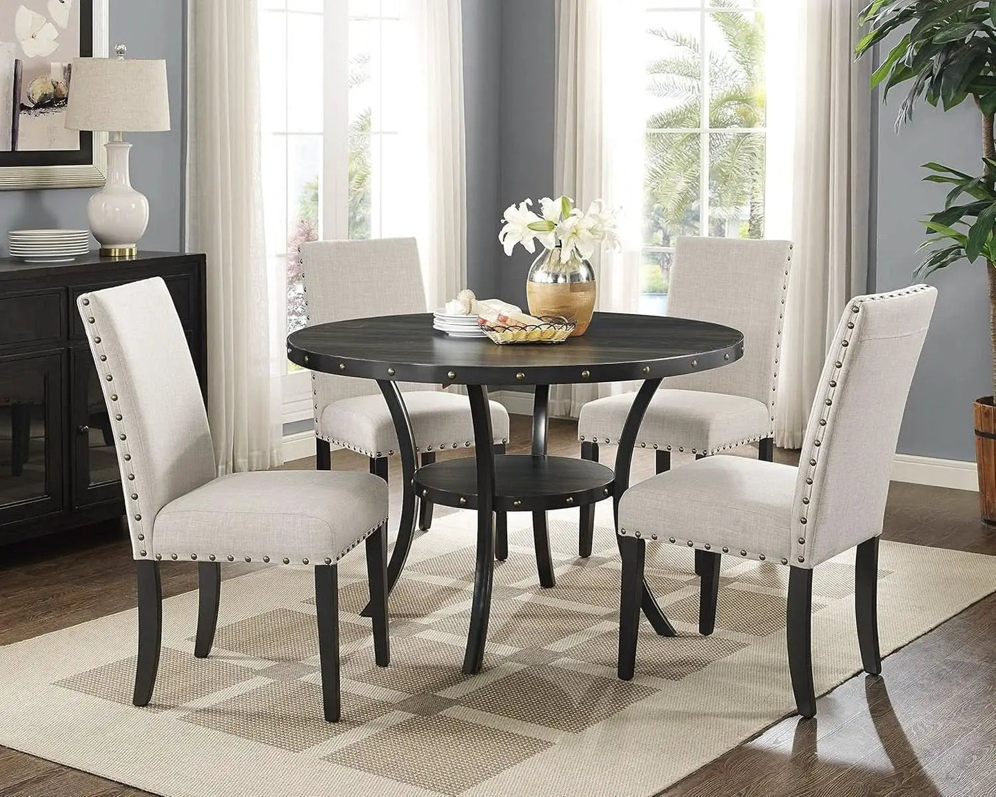 Tan Fabric Dining Chairs With Nailhead Trim Set Of 2 from PriceLows™