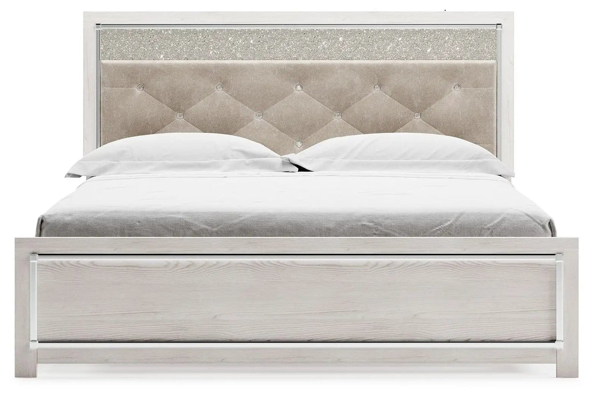 Altyra King Panel Bed With Upholstered Headboard | Panel Bed | Engineered Wood & Polyester | White