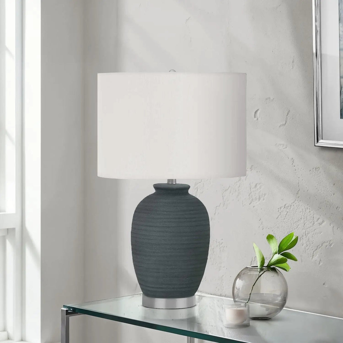 Blue Ceramic Table Lamp | Textured Base | 24 Inch Height | Ivory Cream Shade