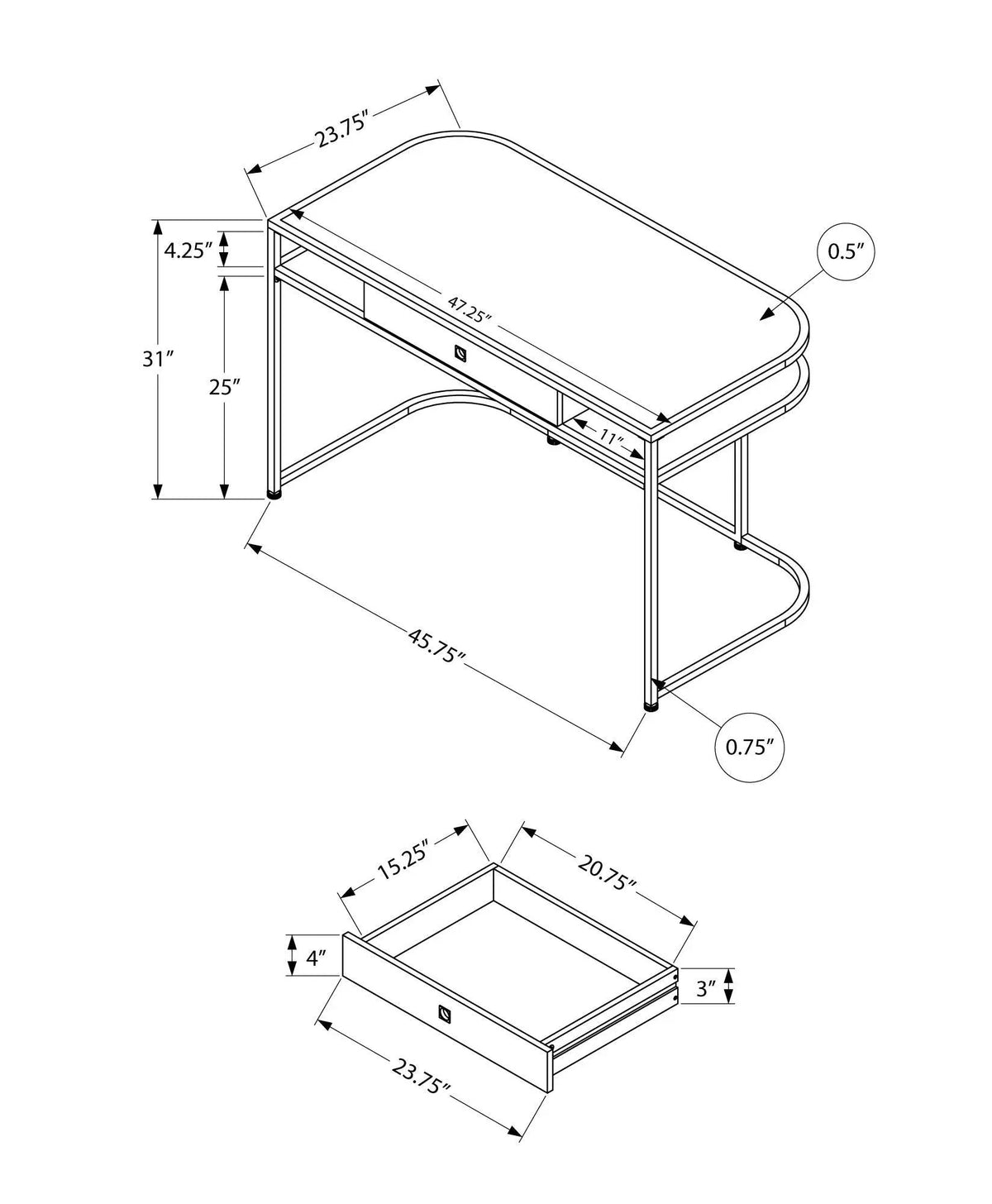 White Computer Desk | Glossy White And Chrome Metal | Storage Drawers | 47.25 Inch Length