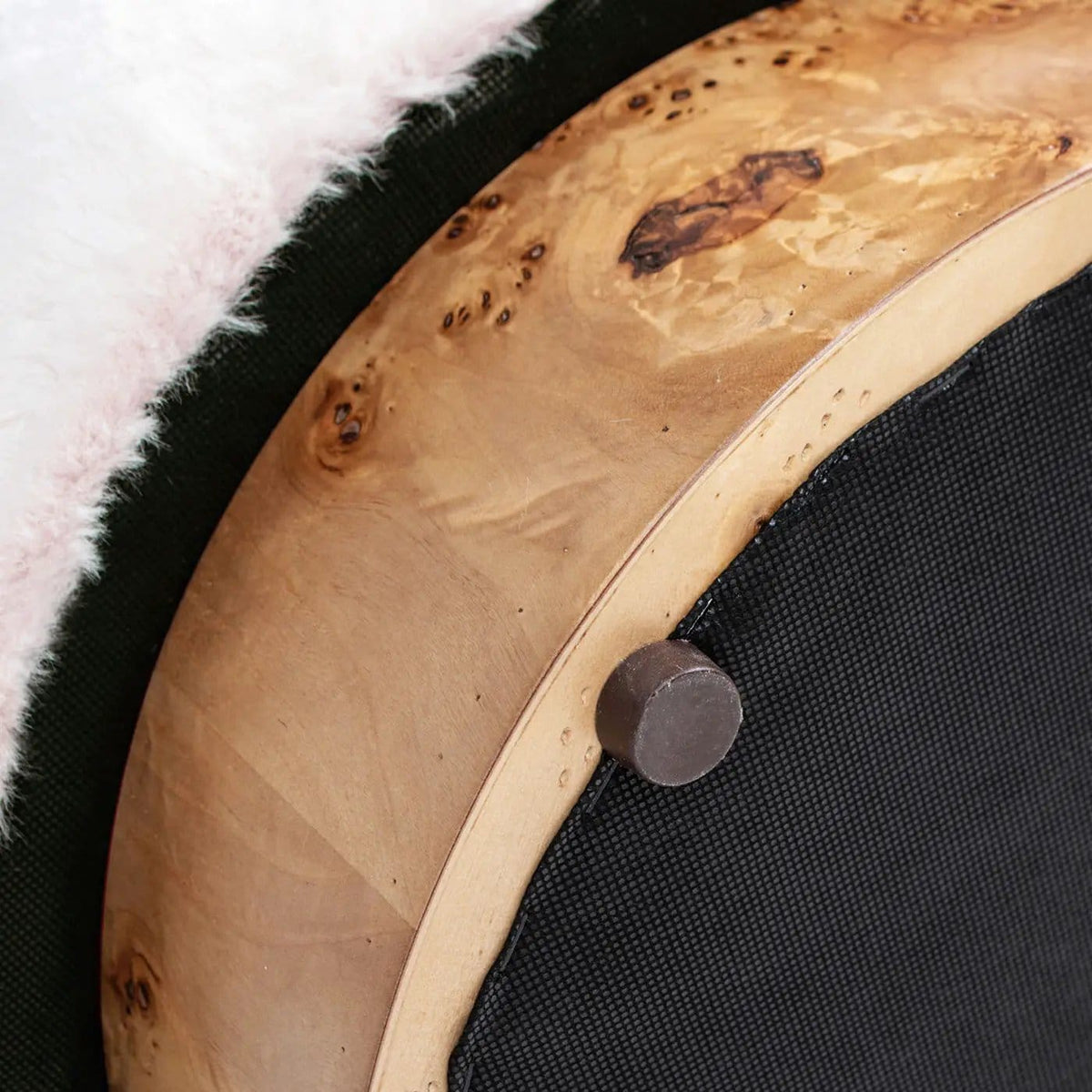 Tilly Round Fur Upholstered / Burl Pouf Ottoman | 16.5 x 16.5 x 17.5 in | Veneer & Wood | White