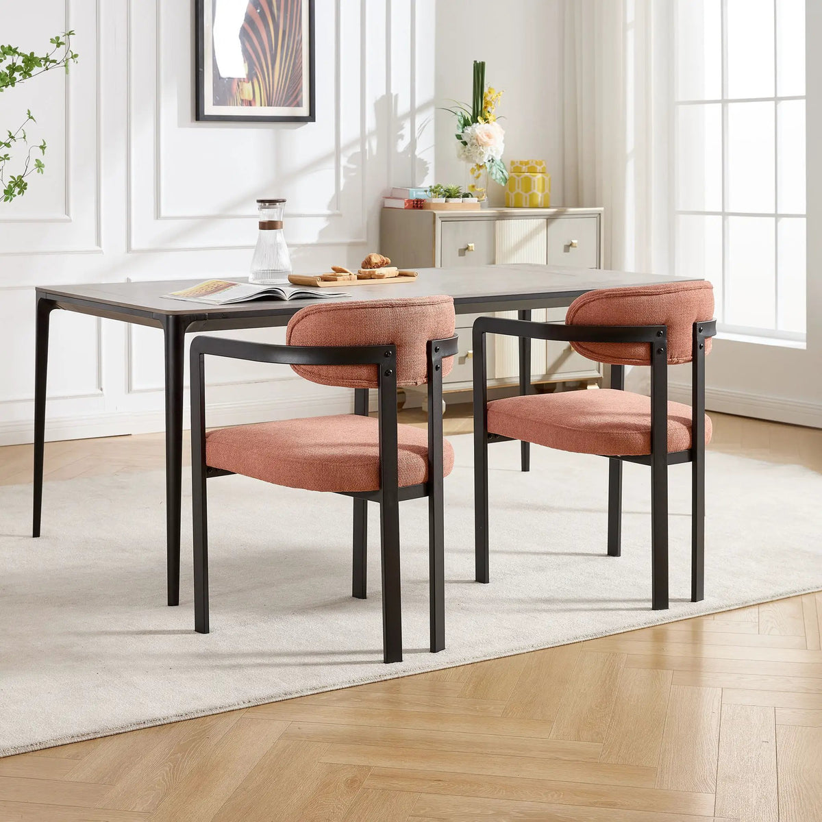 Dining Arm Chairs | Set Of 2 | Matte Metal Legs | Curved Ergonomic Backrest