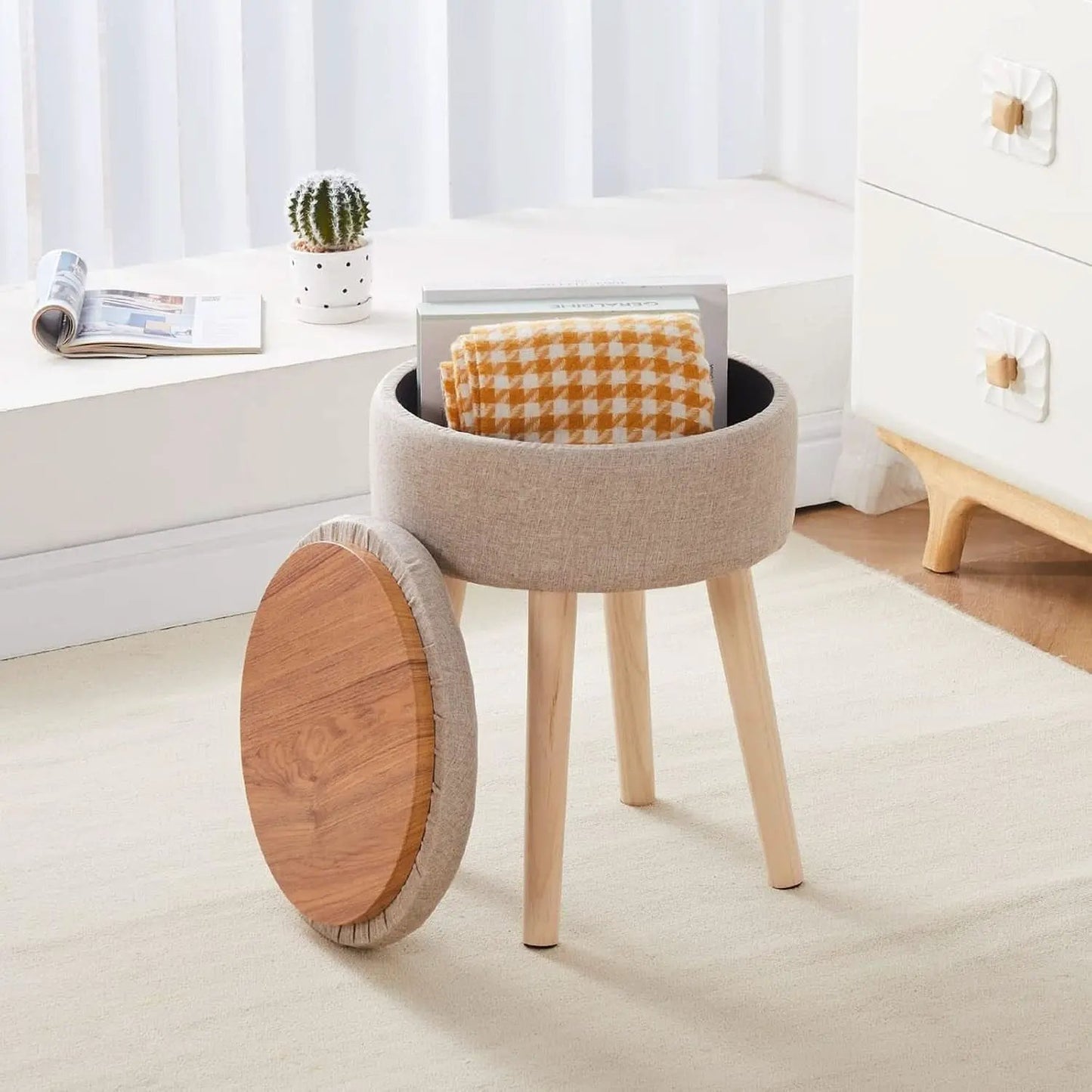 Khaki Linen Storage Velvet Upholstered Ottoman With Tray from PriceLows™