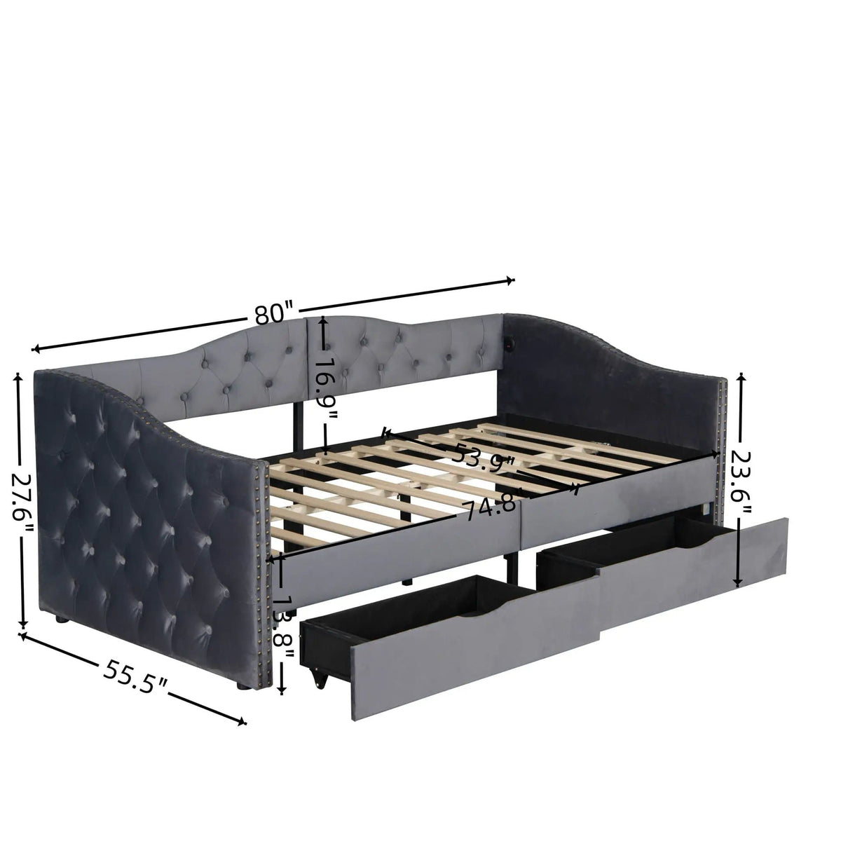 Full Size Bed Frame, Upholstered Cloud Bed Frame With Headboard, 2 Storage Drawers | 80 x 55.5 x 23.6 in | Linen & Wood | Gray