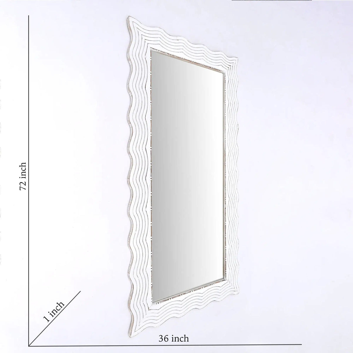 Handcarved Wave Design Rectangle Mirror Accent Enhancing Space Antique | 36 x 1 x 72 in | Glass | White