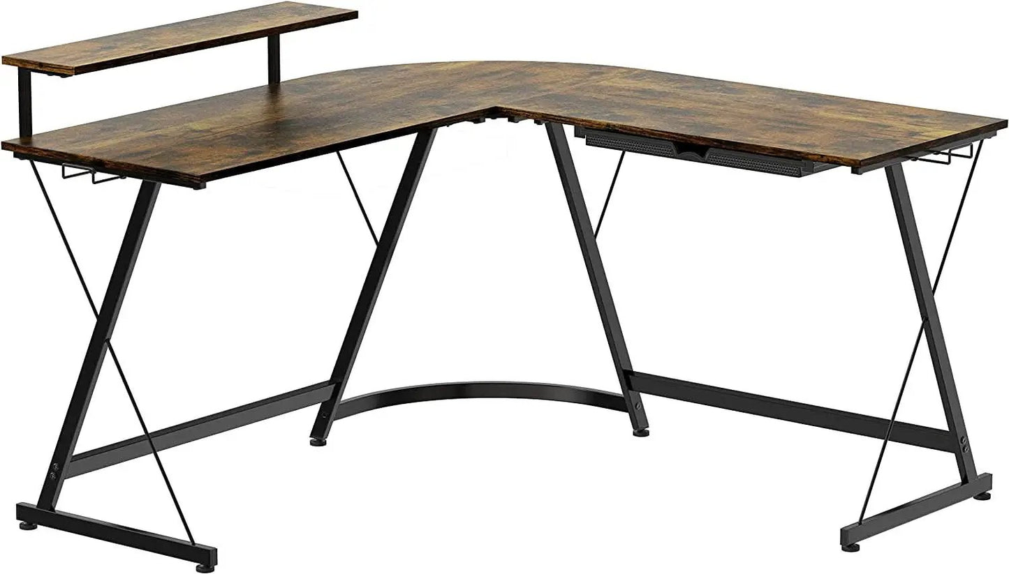 Vista Rustic Brown L Shaped Desk With Monitor Stand from PriceLows™
