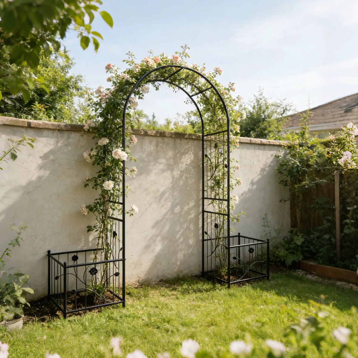 Metal Garden Arch With Plant Stands | Black | 79.5 Inch Width | Dual Planter Stands