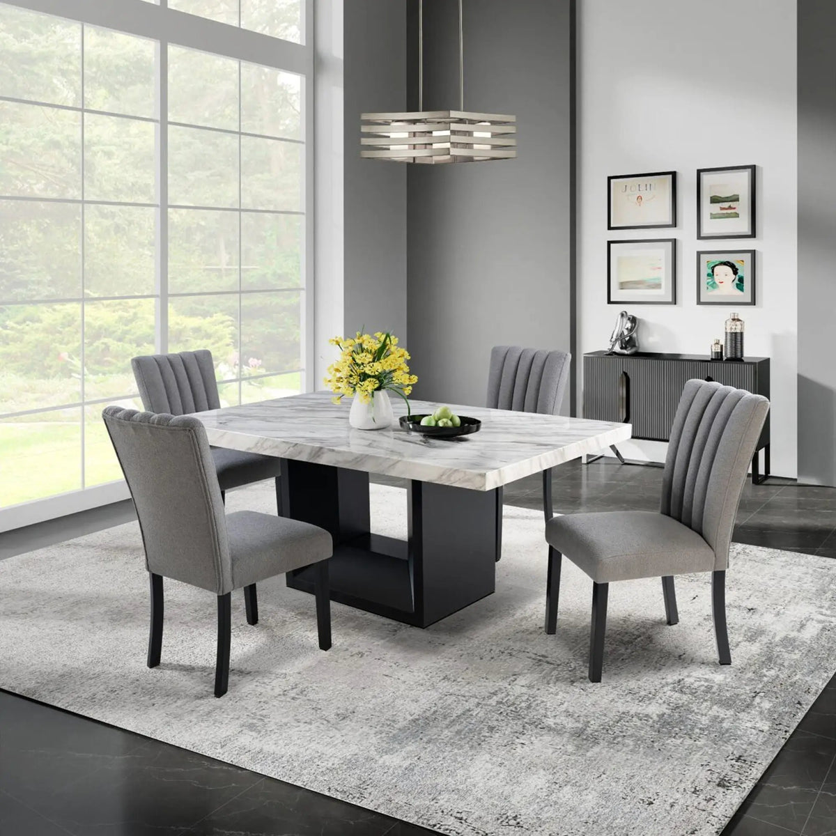 Sheena Dining Table | 70 Inch Width | Faux Marble Top | Natural Wood Look