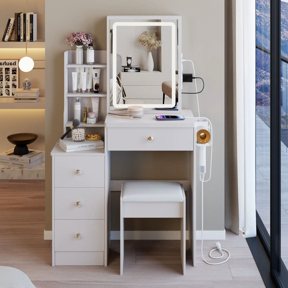 Vanity Table | Touch Led Mirror | Usb Power Hub | White