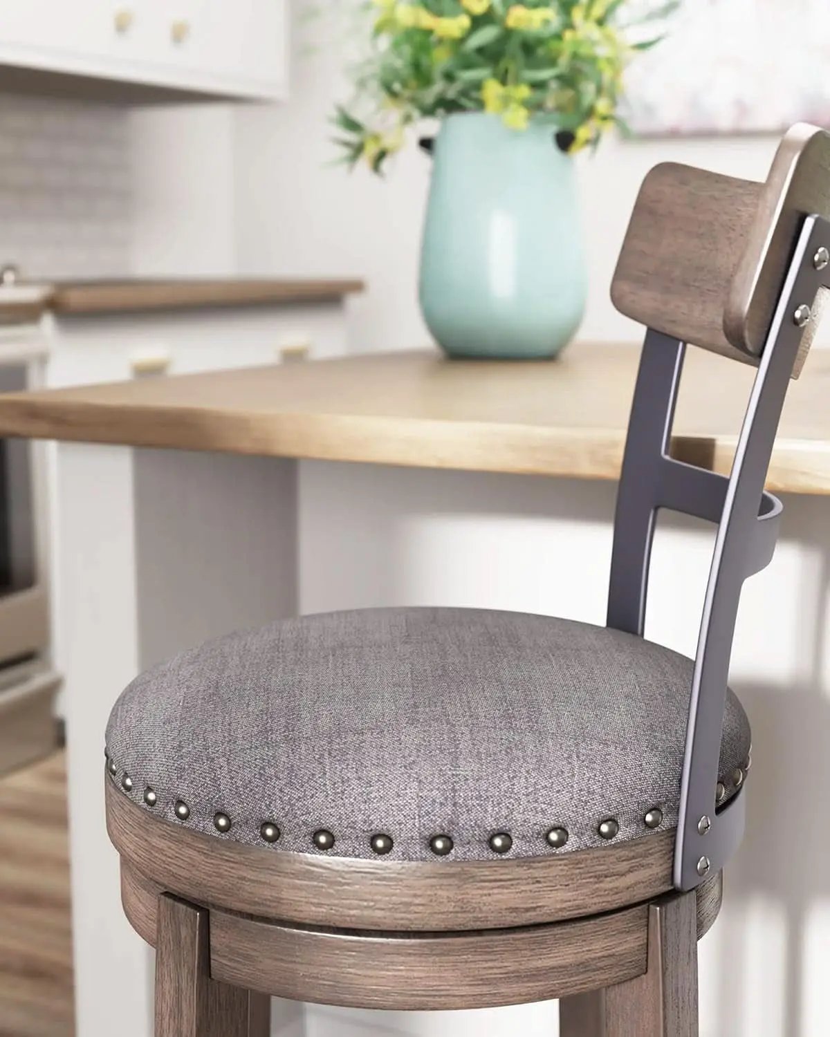 30 Inch Gray Upholstered Swivel Farmhouse Bar Stool from PriceLows™