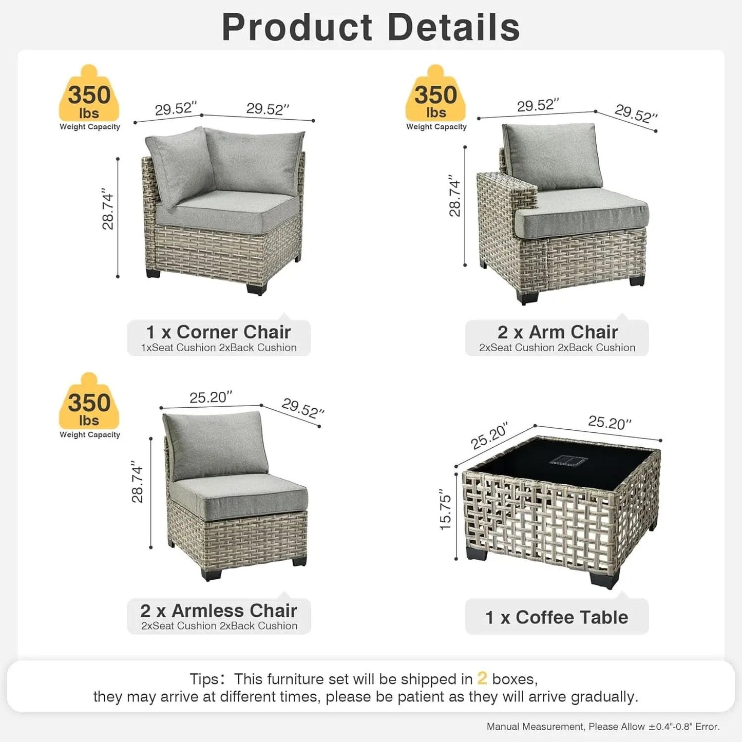 Dark Gray Wicker Patio Furniture Set 6 Pieces Cushioned from PriceLows™