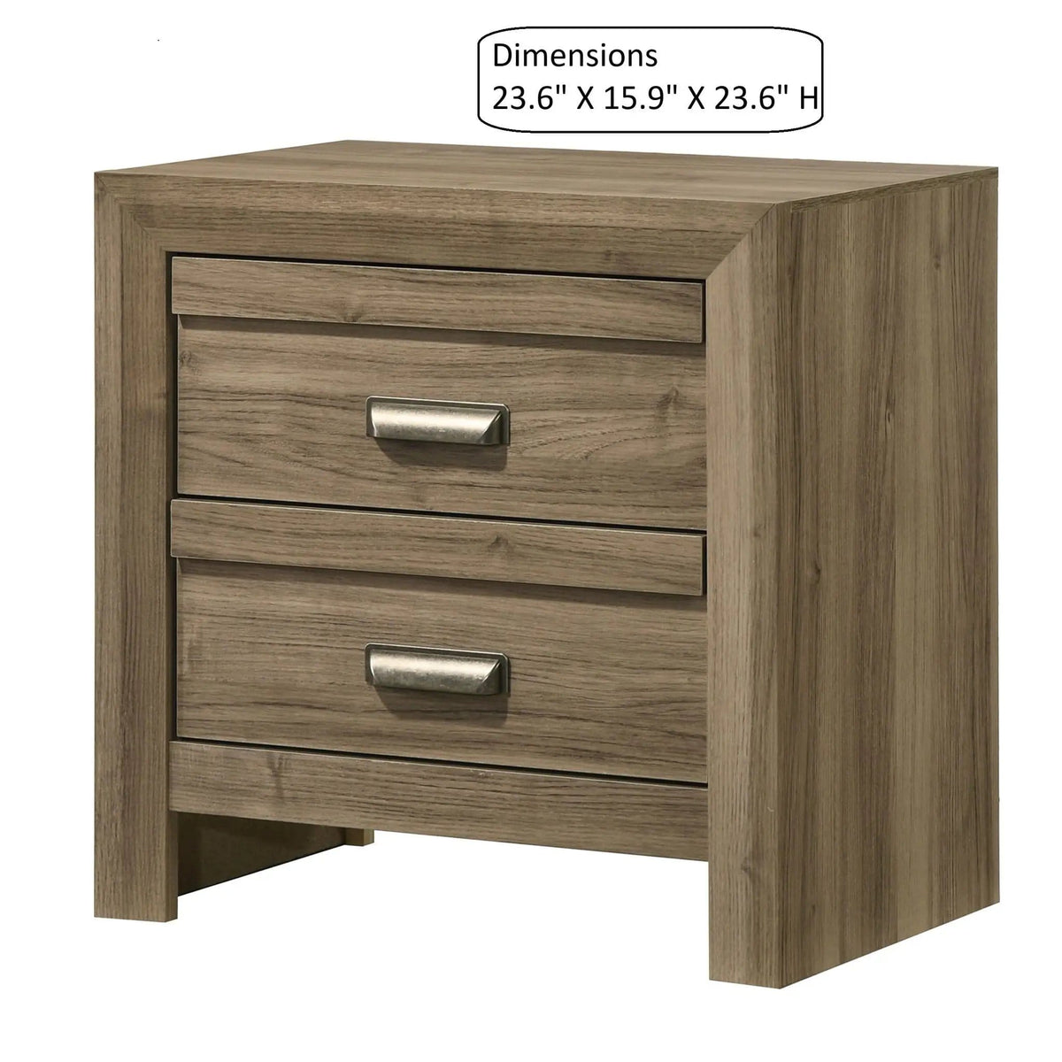 2 Drawer Nightstand With Pulls, Bedroom Furniture Light | 23.6 x 15.9 x 23.6 in | Solid Wood & Metal | Brown