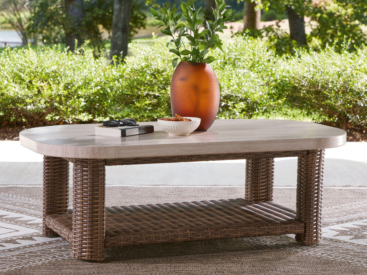 Dolan Creek Rectangular Cocktail Table | 50 x 30 x 17.75 in | Wicker & Stainless Steel | Beige / Brown