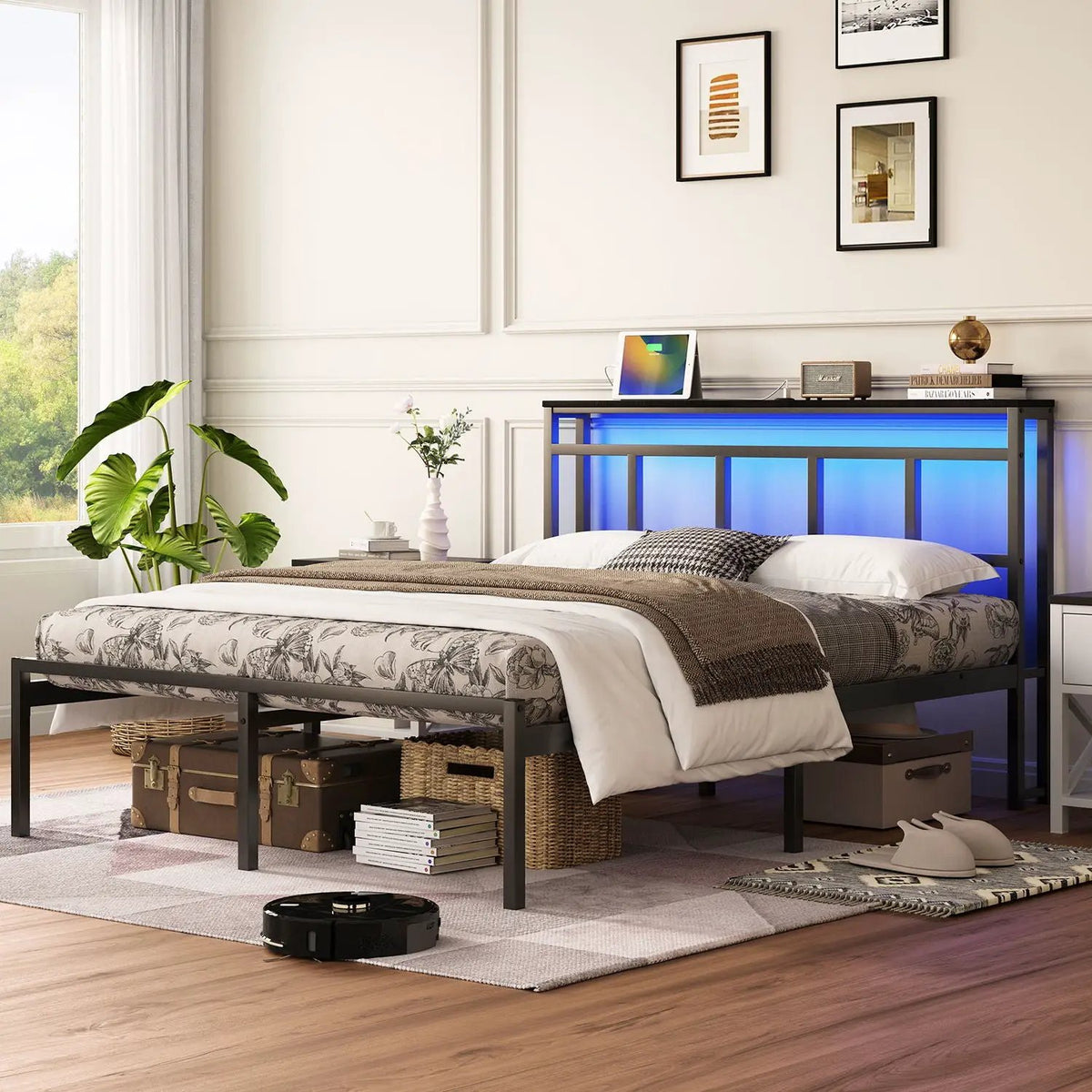 Platform Bed Frame With Storage Headboard | USB C Charging Station | RGB LED Light Strip | 81 Inch Length