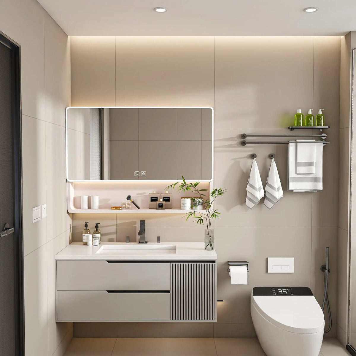 Aluminium Medicine Cabinet Mirror, With 3 Colors LED Light And Defogging Function | 35.43 x 27.56 x 4.92 in | Glass & Aluminum | Home