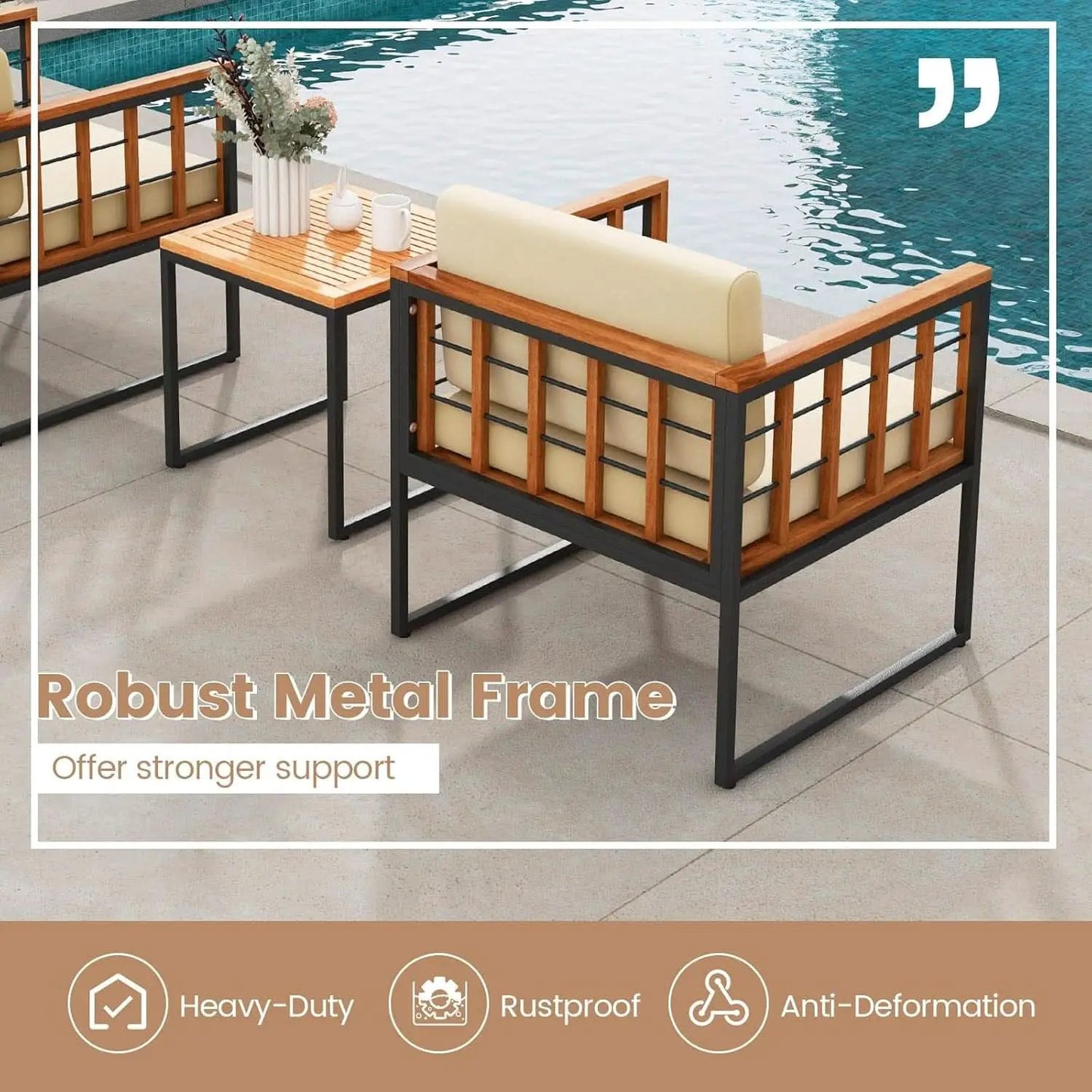 Three Piece Acacia Wood Patio Chair Set With Cushioned Seats For Balcony Porch And Backyard Beige from PriceLows™