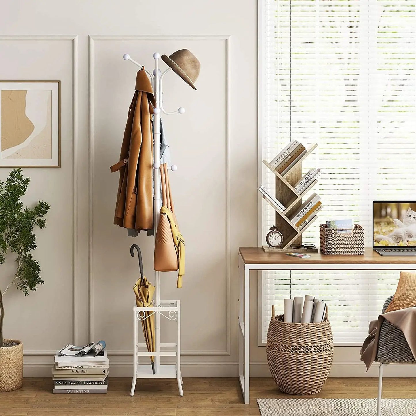 Greige 4 Tier Tree Bookshelf Modern Storage Bookcase from PriceLows™